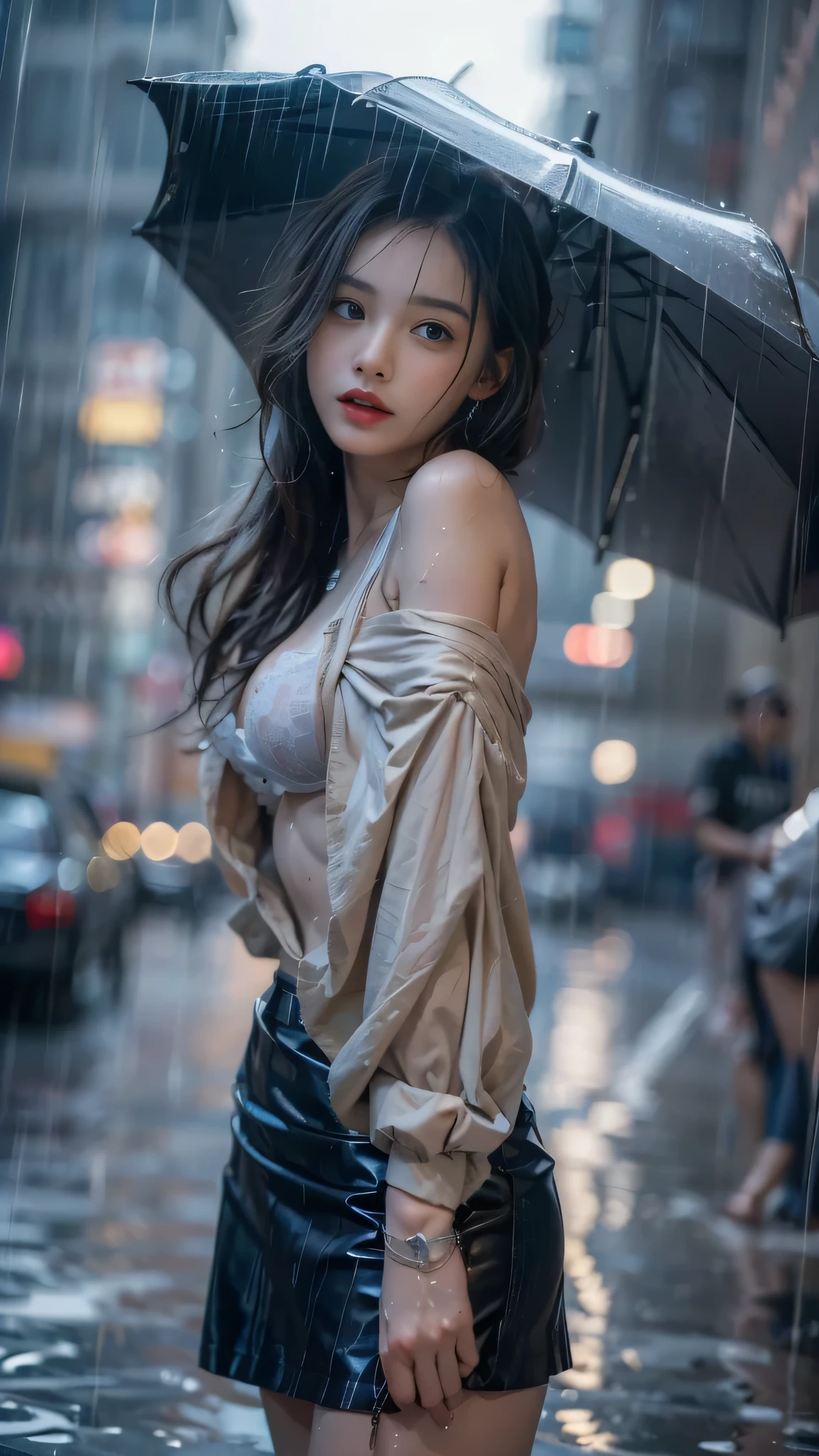 ((Bestquality, 8k, a masterpiece:1.3)), Focus:1.2, Perfect body beauty:1.4, buttocks:1.2, ((Cut hair in layers, beautiful breasts:1.2)), (Wet clothes:1.1) , (Rain, Street:1.3), body , Highly detailed facial and skin texture, detailed eye, Double eyelidd,Whiten skin,long long hair, ass up