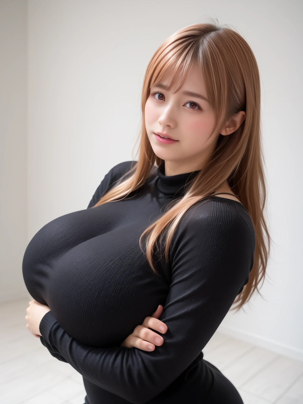 (highest quality、Tabletop、8k、Best image quality、Works by Kishin Shinoyama)、1 girl、(The perfect navy sleeveless turtleneck knit sweater dress:1.5)、(The perfect sleeveless turtleneck knit:1.3)、((Straight long hair:1.75))、Look at me with your best smile、(Very large breasts bigger than a face:1.95)、A fitted knit dress、(Accentuate your body lines:1.45)、(Attractive body:1.42)、(Glamorous figure:1.32)、(Beautiful park background with strong blur:1.1)、The most natural and perfect beauty park、A perfectly maintained park、Standing Elegantly、A refreshing view、Natural Makeup、Ultra HD cute face、(Ultra High Resolution Perfect Teeth:1.1)、Ultra HD Hair、Ultra-high definition sparkling eyes、(Ultra-high resolution glossy skin:1.1)、Ultra-high quality glossy lips、(Accurate anatomy:1.1)、(very bright and vivid:1.2)、(Bright and beautiful skin:1.3), ((Random poses of gravure models))
