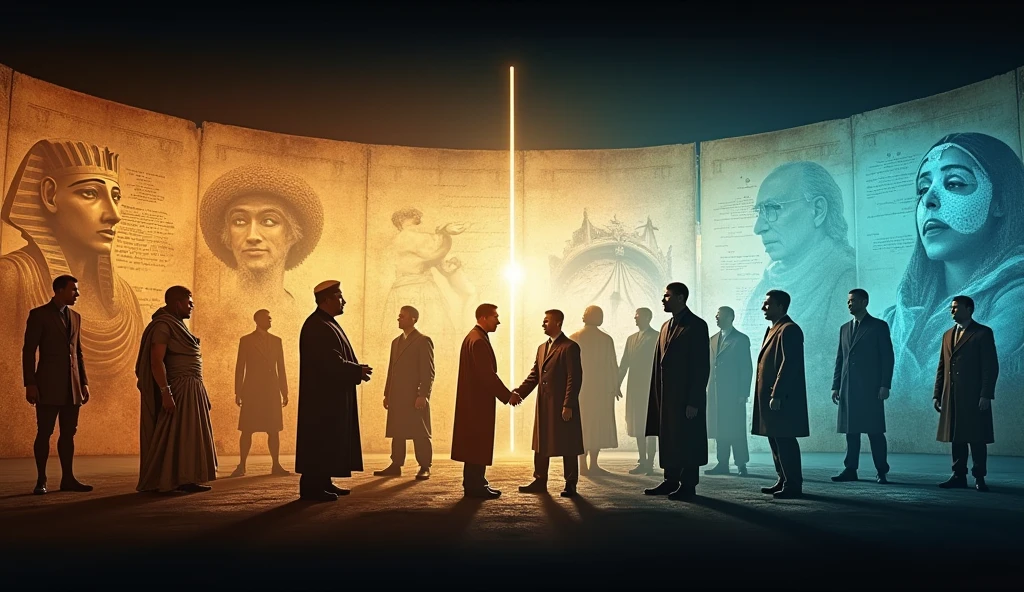 Crowd of silhouettes of tall thin pore people with well defined body structure all of them are in dark environment