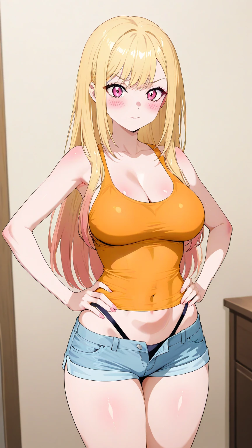 grabbing her breasts, yellow bikini bra top, low rise jeans shorts, at fitting room, bikini store background, mei terumi, 25 yo, mature women, solo, takeda hiromitsu style, anime cels style, best quality, high resolution, (large breasts:1.3), cowboy shot, blush, shouting, slim body, long hair, blonde hair, green eyes, ((hair over one eye)), pink lipstick, woman body standing forward in front the camera