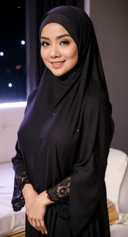 ( Close Up),RAW, Best quality, high resolution, work: 1.3, ((topless)) , beautiful Malay woman topless , ((show tits)), beautiful big eyes, smiling, very beautiful face, perfect face, shiny lips, soft smile, medium portrait, watery eyes, big breasts,thick thighs, woman sitting in a black skirt and a sheer beige blouse, long skirt,  dress, high-waist-black-skirt, hijab, with lovely look, modest flowing gown, pleated skirt,  style,iwasa mei,full body picture, wearing a long tight transparent flowy fabric, see trough black skirt