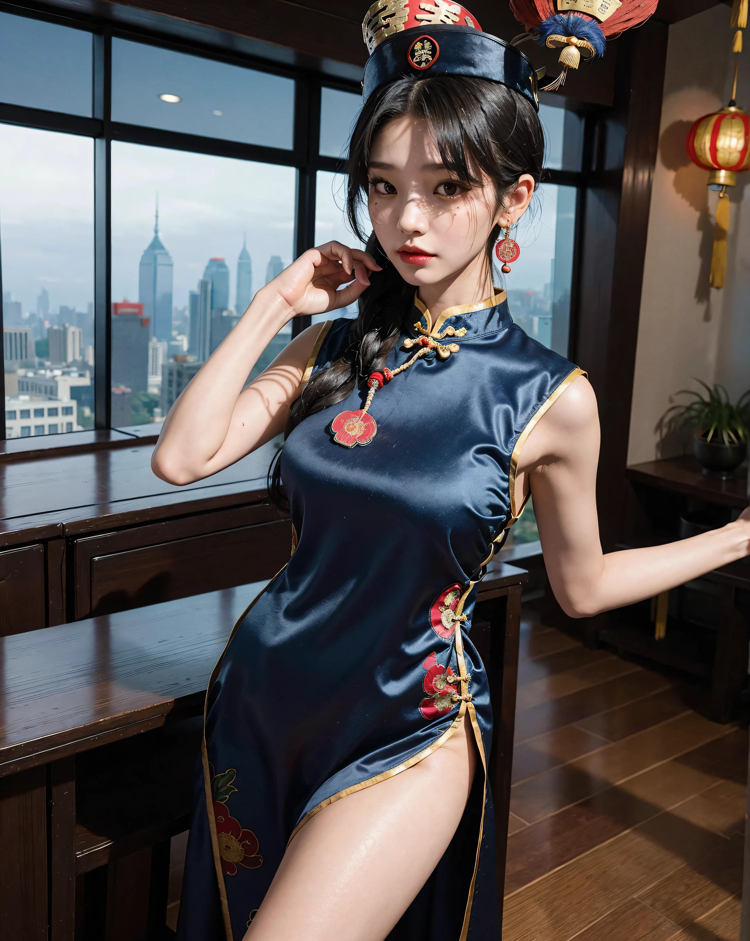 8K、Ultra-precise rendering、Photo Quality(16yo girl、a small face、Extremely beautiful face, natural make up)(fair white skin)(sparkly eyes、)、kawaii faces、Bright smile、、round large chest、Beautiful valley，thin-waist、big butts、Navy blue Chinese dress that shows cleavage，long，((poneyTail))ornamented，Inside the palace((very short mini cheongsam dress、sexy chinese dress、deep cuts on the sides、Intricate and intricate embroidery throughout the body，rhinestone))、((T-back panties))sensual pose、Medium full shot from behind、Knee depth angle