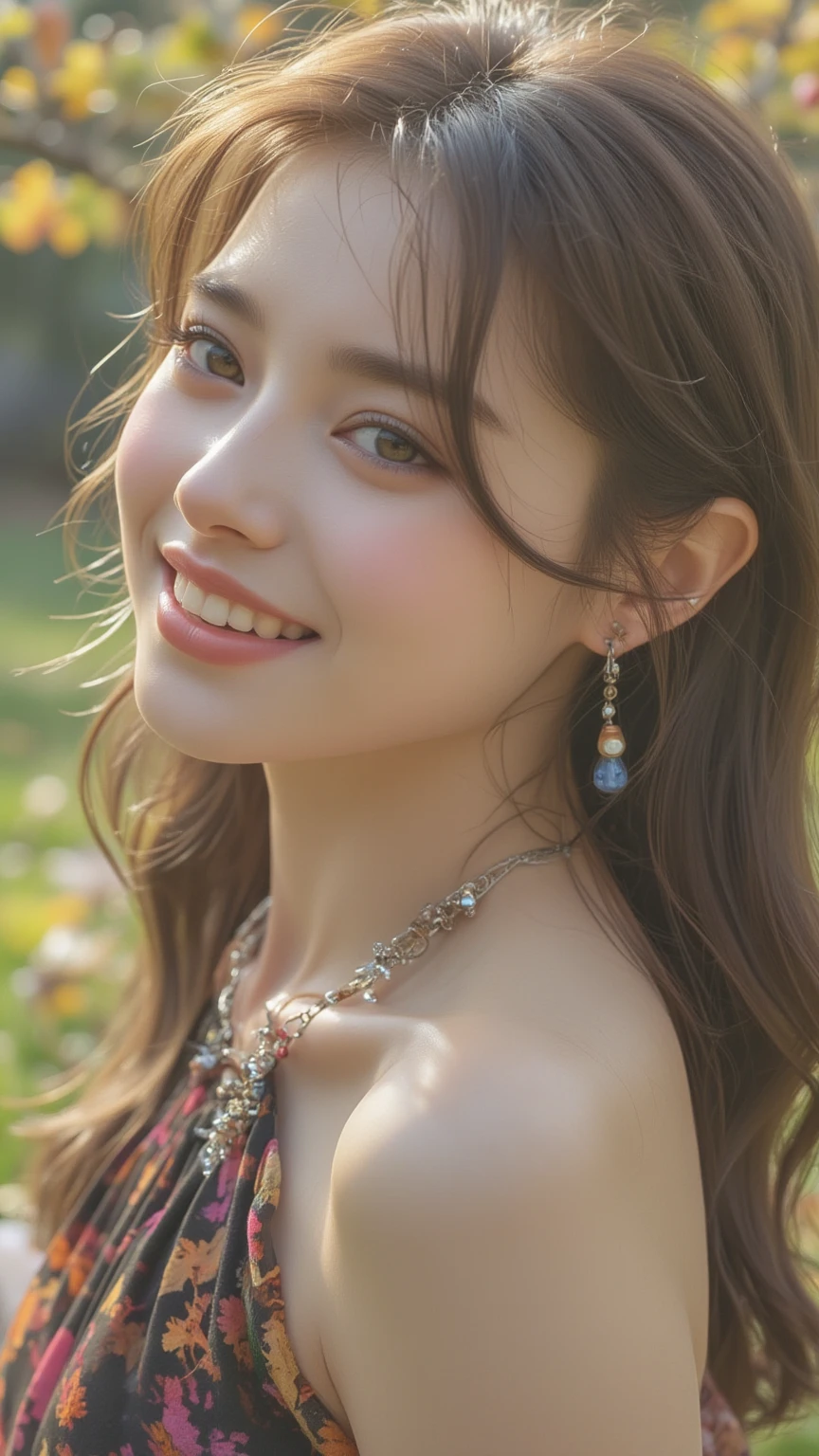 Save this image、smile showing teeth:1.5、Pale face and eyes:1.3、薄くてPale face and eyes:1.3, beautiful blue eyes:1.3、{highest quality}, {{masterpiece}}, {very delicate and beautiful}, outstanding light and shadow, highly detailed wallpaper, clear and bright sunlight, whole body, whole body、 1 girl, , blush、Shaggy blonde long hair, strong sunlight,  Girly Style Fashion:1.3, delicate hair,realistic skin texture, visible wrinkles on the skin., broad shoulders,window, ((a strong light shines on your face)), color々take a pose:1.5, necklace、ring、earrings、smile:1,5、smile:1.5、Background of a park with cherry blossoms in full bloom:1.5