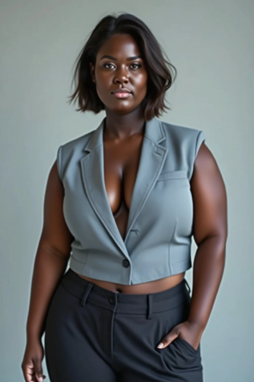 beautiful brazilian, (((round face shape with soft features, prominent cheekbones, delicate jaw, slightly rounded chin, medium forehead with natural, wavy hairline))), (((black hair color, long and curly with volume))), ((natural, full eyebrows)), (((confident pose, standing with one hand on the waist, looking directly at the camera))). (((plano americano, showing the character from the thigh up, with a light gray to white gradient studio paper background))). highy detailed, age 25, (((large, expressive eyes in dark brown color and tone))). (((Long nose at base, gently curved bridge, rounded nostrils in harmony with the face))). ((plump, well-defined lips, com volume natural, dark pink tone)). high resolution, work of art. Pele realista Fitzpatrick V, with a natural golden tan, some soft freckles on the cheeks and nose. ((curvy and athletic body, typical of Brazilian women)). ((Wearing a stylish and modern white blazer and shorts set)). Excellent quality, extremely detaild, sharp focus, ((shooting with Canon EOS R5, lente RF 70-200mm f/2.8L IS USM)), Brazilian style vibrant color vision. Proportionate Body, fotorrealism, fot (film grain) (((Professional studio lighting with three light points, creating soft shadows and enhancing the contours of the face and body))) Em primeiro plano.