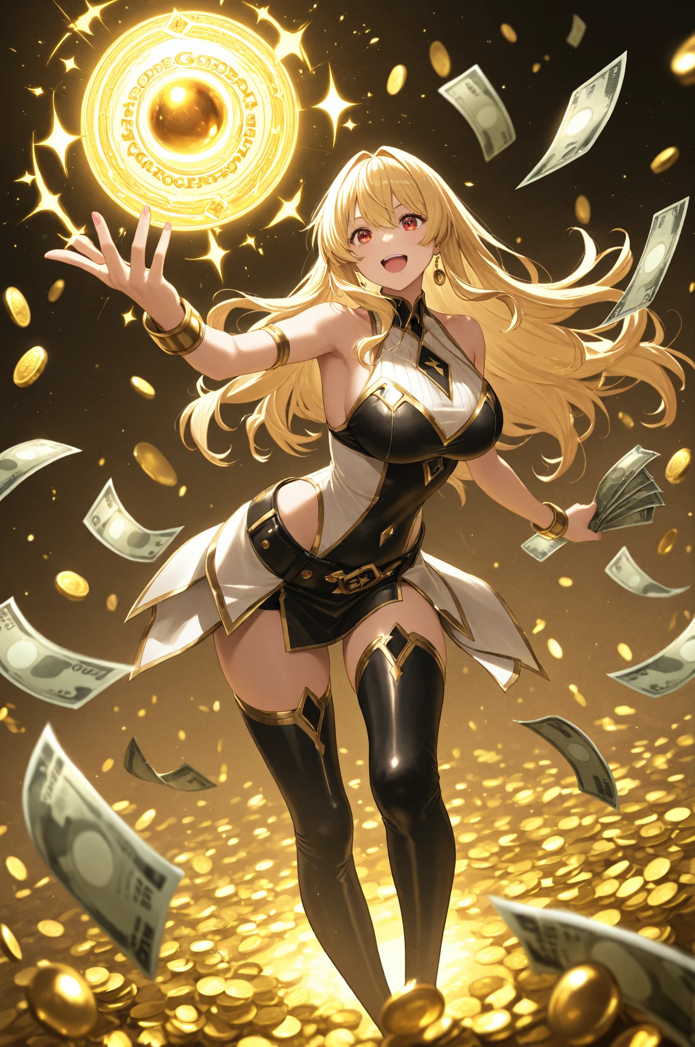 topquality, Horse Girl, Quiet Suzuka, ((Uma Musume))), Perfect skin, realisic skin, Detail Skin, 8K, (The Girl in the Cave), The Golden Cave, Girl in suit in torn suit Perfect body proportions, The girl stretches her arms up, (little chest:1.5), beautiful breasts, There are a lot of gold coins around the girl, Coins glitter, Ideal breast proportions, (Full-length view), handsome body, perfect foots, sitting on the stone, Smiling, Treasure Mountain, a gold, gems