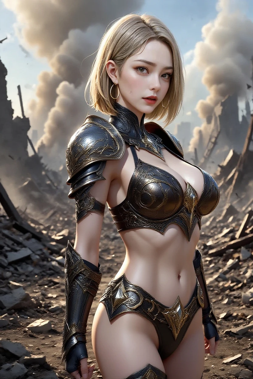 (tmasterpiece:1.5), (Best quality at best), (The is very detailed), (ultra - detailed), (1个Giant Breast Girl:1.2), (full bodyesbian:1.2), (Young girls), (Blonde hair), (Weapons in hand), (War scenes), (bloody atmosphere), (smokes), (firey), (dead body), (chaotic background), (blasts), (Torn clothes), (determined expression), (Sweat and dirt), (wounded), (dynamicposes), (Broken armor), (burnt landscape), (Combat posture), (Smoldering fragments), (firey焰:1.3), (battle cry), (sounds of war:1.1)