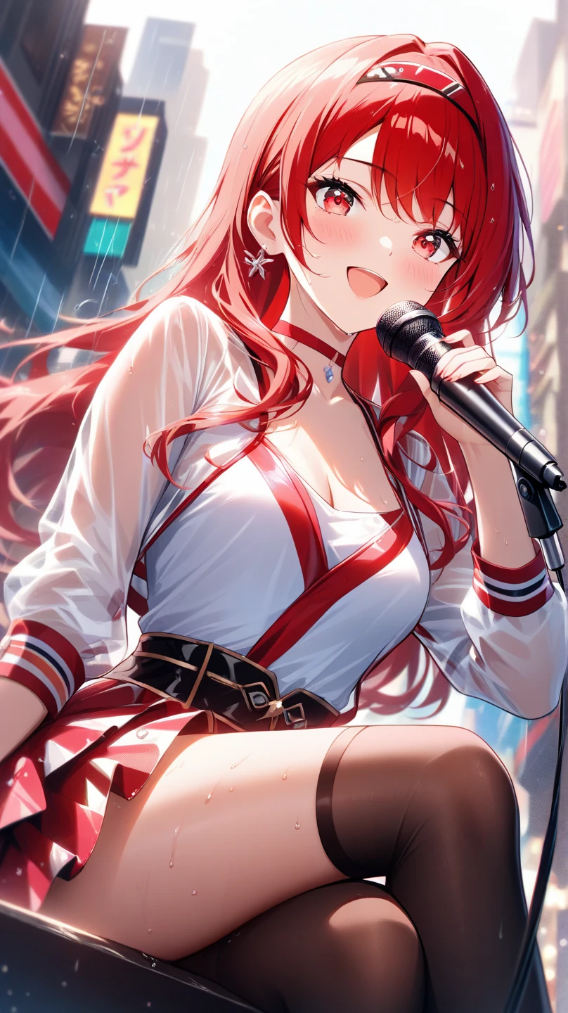 1girl,cute,(((red long hair,red eyes))),big breast,cleavage,dress,have a microphone,singing,in karaoke box