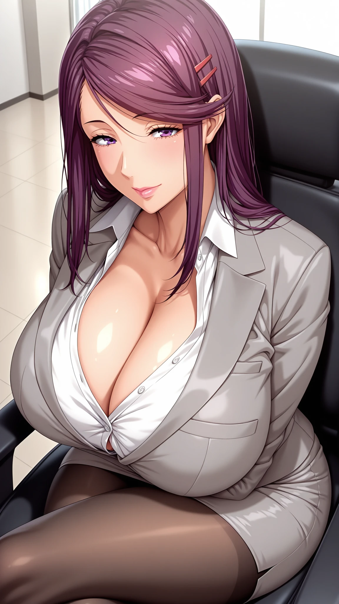 top-quality、ultra-definition、Superfine、realisitic、(masuter piece:1.1)、high-level image quality、(Hi-Res),1girl in, （Saeko,White jacket,Purple shirt,pencil skirts,panthyhose）、Purple High Heels、（eye liner、cleavage of the breast、red blush、28 year old、A sexy）、((Colossal tits:1.2))、Sit down and drink coffee in a café
