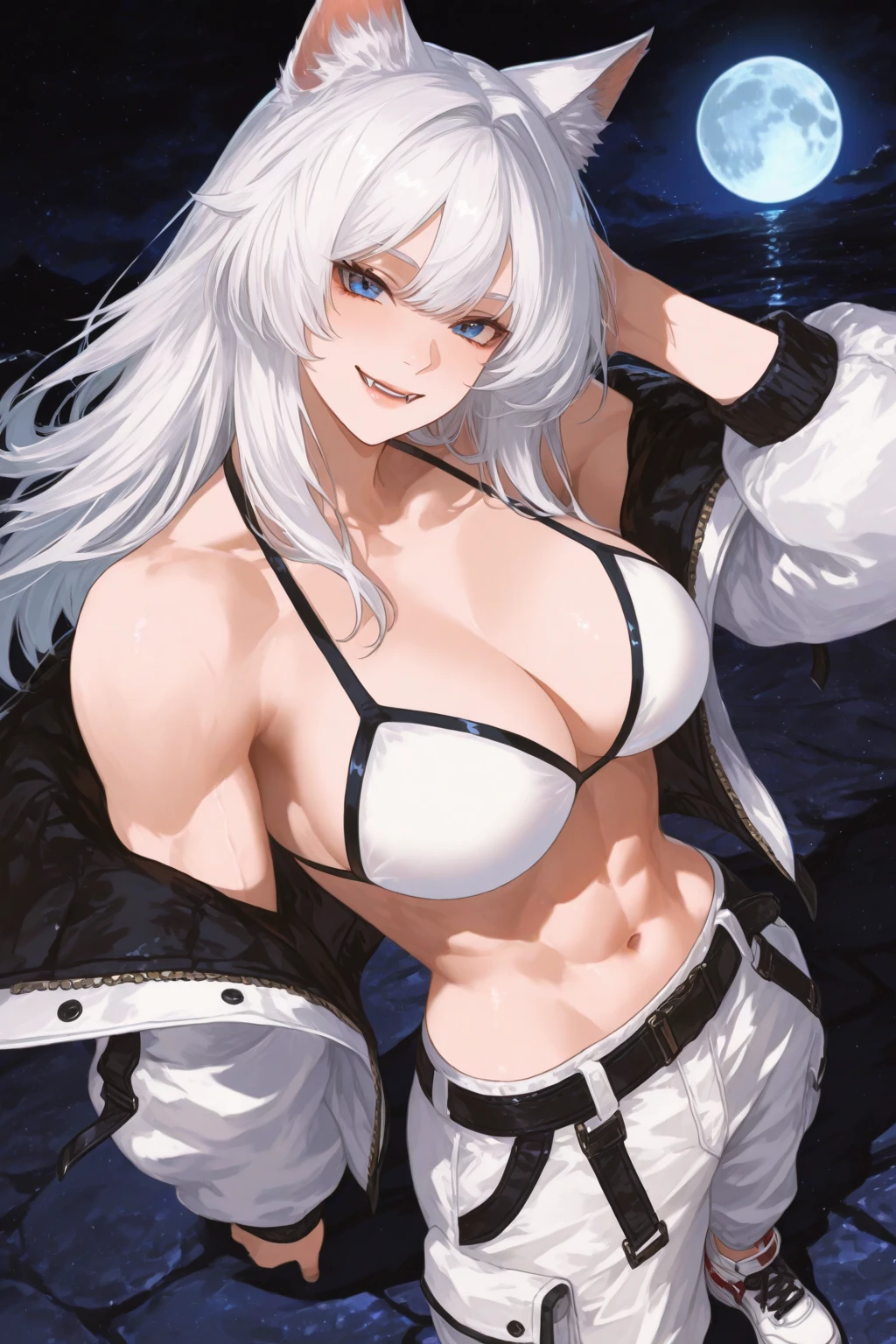 masterpiece, best quality, highres, high quality, collage, perfect image, 1girl, best quality, masterpiece, white hair, edelgard van hresvleg, black bikini, black bikini top, abs, long legs, bare shoulders, muscular arms, biceps, triceps, face, evil brow, evil face, smirking, blush, collarbone slim legs, underboob, aroused, (gigantic breasts:1.4), detailed hand,