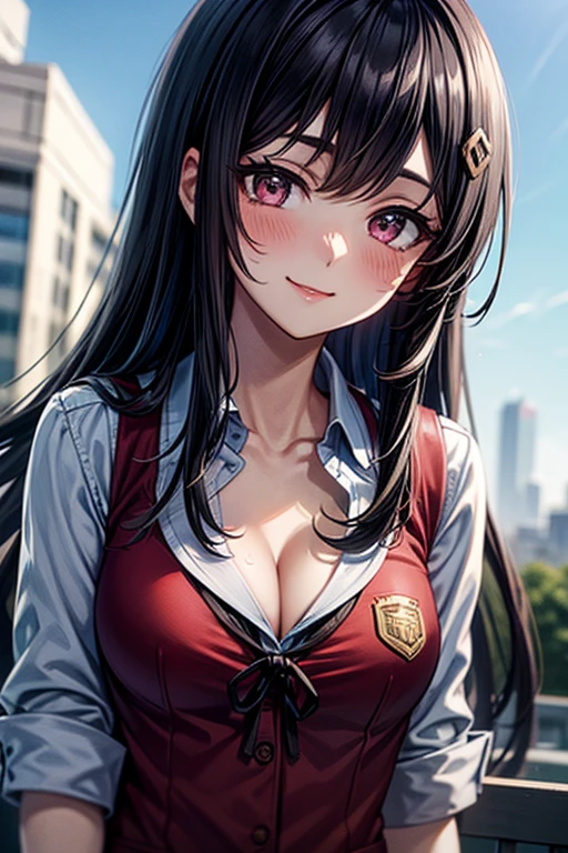 (Calm style) (solo straight black hair long hair dominance girl, detailed serious red eyes, serious face, grin, big tits), (in a summer school suit, skirt), (hand Thumbs up), in the Lounge, BREAK, perfect anatomy, masterpiece, best quality, 16k, beautiful detailed grow, daydreaming expression.