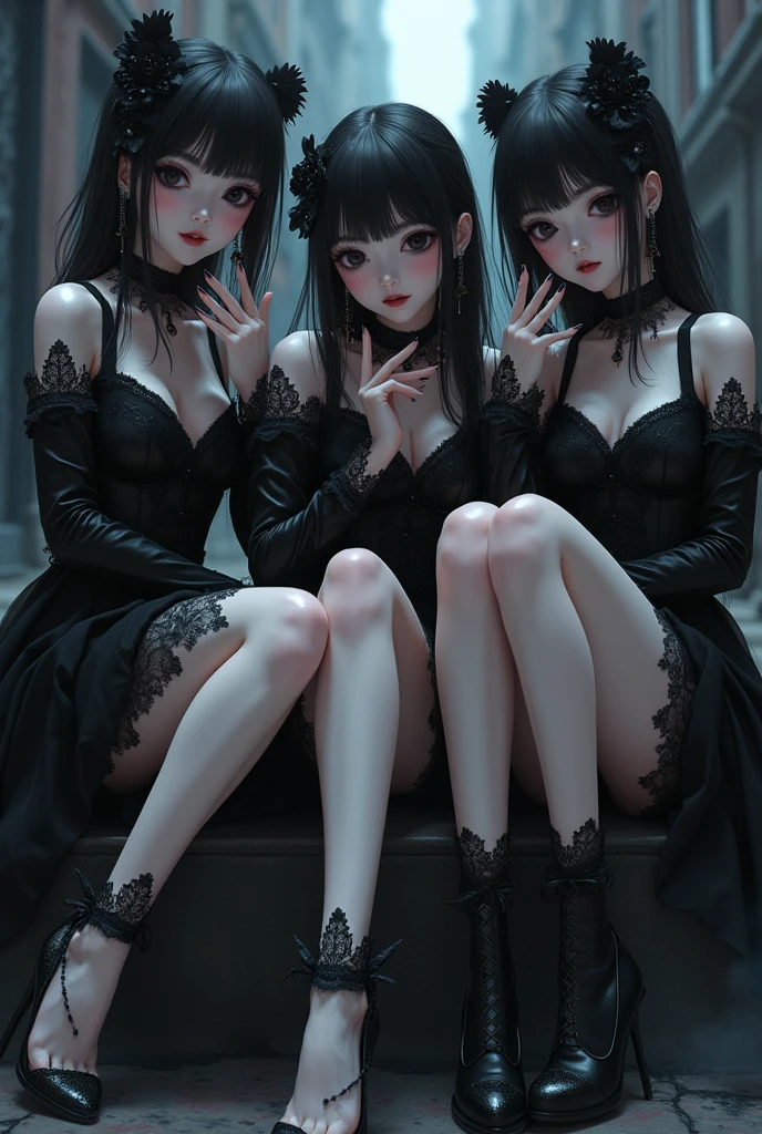 best quality, masterpiece, highres, 3 noble girls, luxury chambers bedroom background, lying on bed, sexy and cute, lesbians, horny, making out, romantic, passionate, kissing, intimate, laying on eachother, hugging, touching each other, touching butt, touching brests, kneeling, shot from behind, touching eachother, seducing, snapping, white and even teeth,full body shot, shot from behind, makeup, eyes with very sharp and detailed makeup, lipstick, very long hair, different hair colors, ponytail, hair ornaments, Pretty face, magic import style, tyndall effect, photo realistic, dark studio, border light, two tone light, (high detail skin: 1.2), 8k uhd, dslr , soft light, high quality, volumetric light, candid, Photo , high resolution, 4k, 8k, Bokeh, In the Dark: 1.6), surreal full body of women by David Hockney and Alphonse Mucha, fantasy art, photorealism, dynamic lighting, station art, posters, volumetric lighting, highly detailed faces , super 8k, Awarded, in the dark, deep shadow, low light, bust, Royal style family, Best face, Very round and tight breasts, Surreal, guweiz, (full body), (Background detail 1.8), moderately big butt, asian style, different clothes colors, vivid colors, maid, bride, wearing maid outfit, wearing wedding dress, victorian dress, lace dress, gothic style, asian face, sharp cheekbones, lace corsait, choker, collar, long gloves, dress, miniskirt, makeup, stockings, stocking garter, all wearing stockings, lace stockings, stockings with hooks on underwear, garter belt, very long boots, wearing overkenee boots, high heels, stilettos, goth style, gothic style