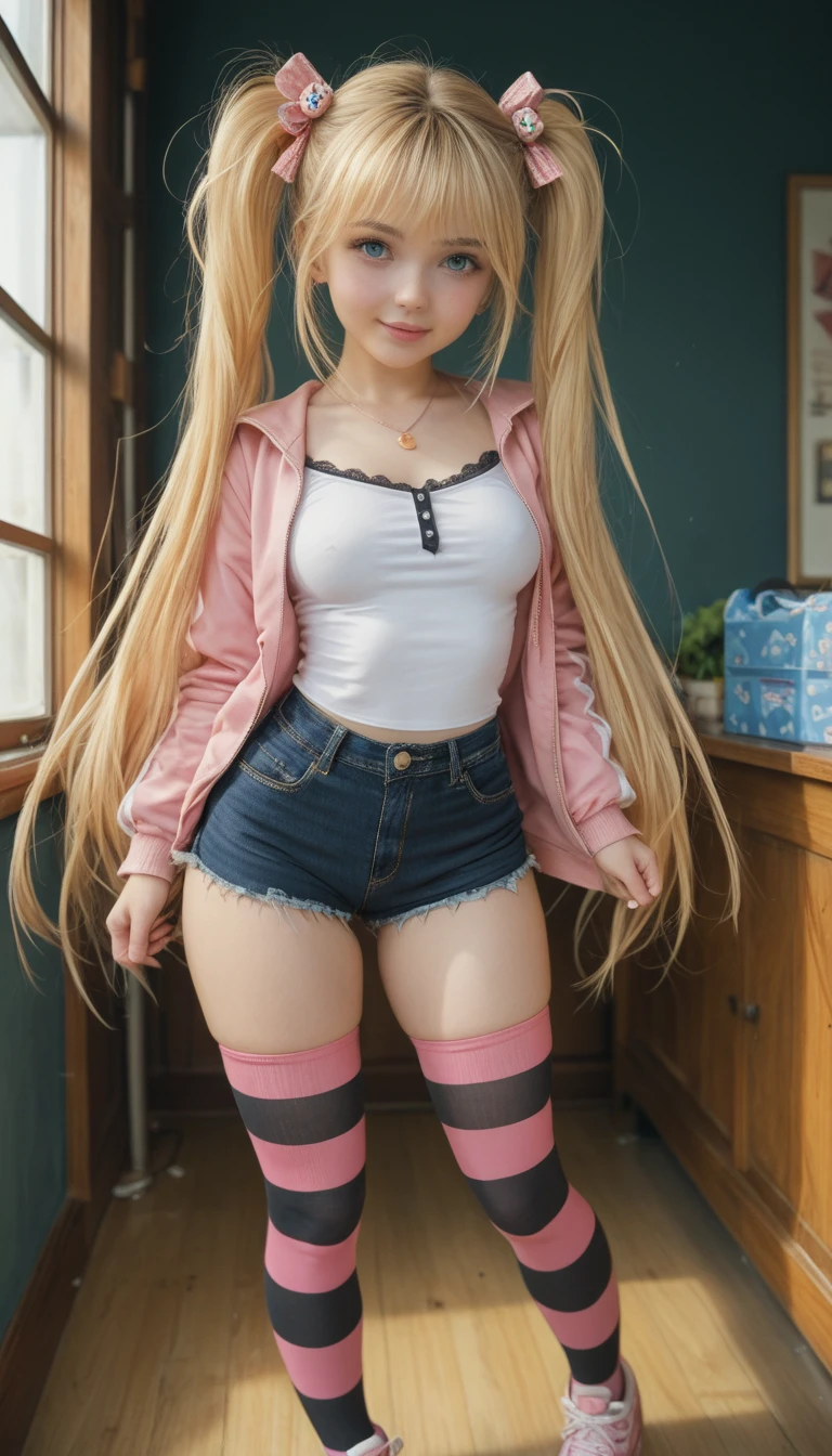 8K, Top Quality, Intricate Details, Ultra Detail, Ultra High Resolution, Masterpiece, full body, One teen palegirl, ((a beautiful 15 year old girl, super long blonde hair, has two twin tails, red hair scrunchie, beautiful fully detailed blue eyes,,)) BREAK ((small_tits, akizuki airi, tank top, denim shorts, red belt, stripedsocks, ((black and pink striped) thigh high socks),, full body,))