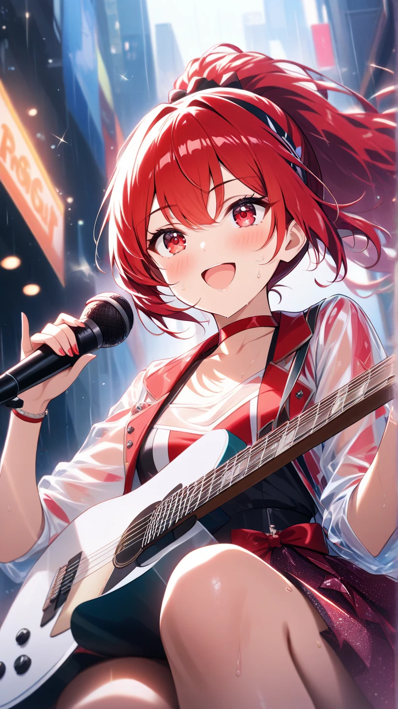 Kita Ikuyo、blush,smile、Red hair、Band member、I'm in a band、uniform、Pulling the guitar、Primary school students、The back is very small、Lolita、Small breasts、Please show me your armpits、exterior: 14 years old、Shoulder Bare、The clavicle is visible、Sexy thighs、Beautiful feet、Usual hairstyle、highest quality, High resolution, unity 8k wallpaper, (shape:0.8), (Beautiful and beautiful eyes:1.6), Highly detailed face, Perfect lighting, Extremely detailed CG, (Perfect hands, Perfect Anatomy),