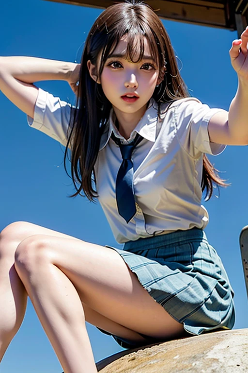 (best quality,4k,8k,highres,masterpiece:1.2),ultra-detailed,(realistic,photorealistic,photo-realistic:1.4), profesional photograph by dubnitskiy david, natural light, portraits, a beautiful young japanese girl, 17 years old, wearing ((grey blue necktie, white button shirt, white socks, (black shoes with red ties), indonesian high school uniform: 1.4), very low neckline, exposed her breast), seductive look, soft glow, elegant beauty, perfect detailed face feature, detailed blue grey eyes, sexy pose, delicate skin texture, flowing messy hair, lustly expression, sexy posture, collarbone, naturally droopy breast, knees up, lying back with atractive pose, opened legs, (grass field with skyline:1.4), subtle shadows, daylight and clouds background, shallow depth of field, foggyand greeney atmosphere, fine art photography, (close up:1.2), (seen from below:1.4), photon mapping, zoom in