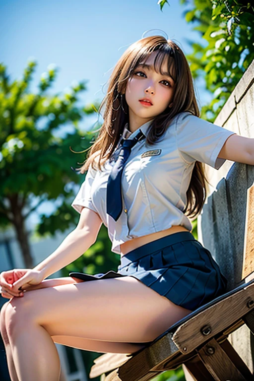 High-resolution images、Atmospheric perspective、8k、Very detailed、Accurate、highest quality、1 female、high school girl、cute、Big Breasts、(??????? face)、(Droopy eyes)、(blush)、((sleepy))、((White short-sleeved sailor uniform))、(((Exquisitely designed white panties、panties High-resolution images、Drawing white panties with extreme precision)))、((Showing off her white panties))、((Spread your legs、Lift your legs))、Open your mouth、((Thin thighs、Thin legs))、Earrings、(rubbing ????????????)、((?????? moment))、(Angle from below)、Long brown hair with bangs、((Navy Pleated Mini Skirt:1.3))、High School days、On a park bench、