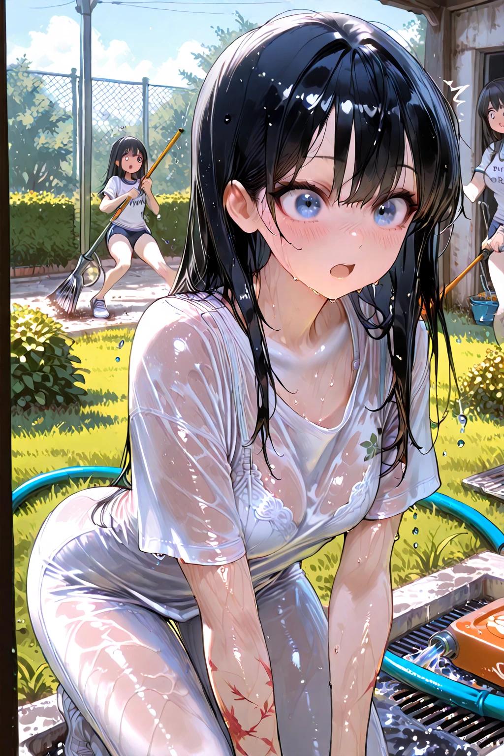 nsfw,(super fine illustration,8K CG wallpaper,best quality,extremely detailed,ultra high res,best aesthetic),(cowboy shot,from front),1girl, solo,idolmaster, (()), (16yo, beautiful girl), (beautiful eyes),(beautiful hair), ((long ponytail hair),(pink ribbon),(wet hair), (shiny hair),(wet skin), (dark skin),(shiny skin),(blue and white woman tennis uniform),(wet clothes),(the waist),(flat chests,midium breasts), (open clothes)),(((pubic hair:1.3)),(bsp, pussy juice dripping,pussy, pussy slip,no makeup, sweaty body),(spread legs),(open pussy:1.3),((steam)),(scatter sweat),(embarrassed,smile), ((open mouths)),(((one eye closed))),(((tongue out))),deep breathing, feel good,indecency,(squatting),(Nice touch),((Kamimei),(ecstasy),arched back, (a man), (man behind girl), (intense Sex:1.7), (doggy style sex:1.4), standing doggy, (vaginal penis:1.2), hetero, (man hold girl's waist:1.4), (cum out:1.2),