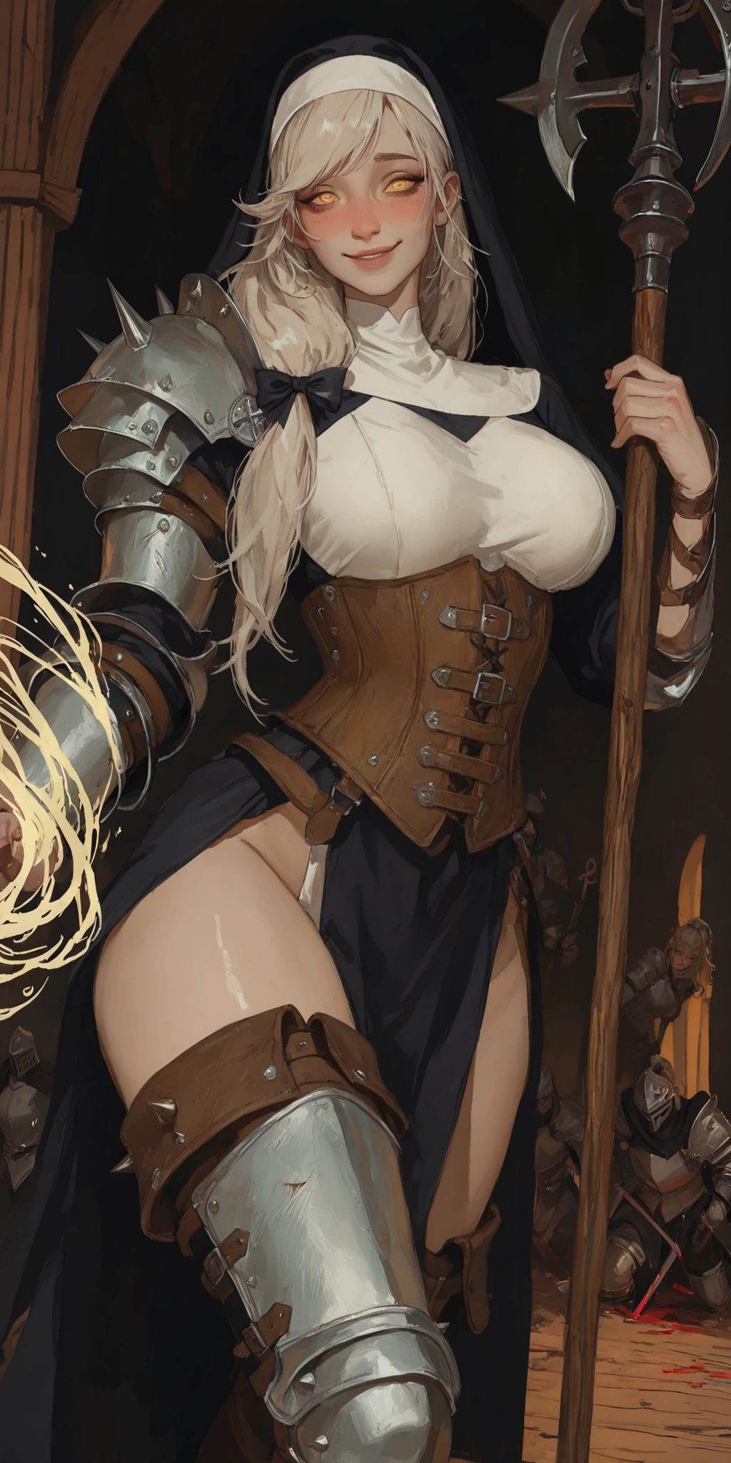 (masterpiece, best quality), intricate details, 1girl, Mercedes von Martritz from Fire Emblem (standing full body toe to head by wooden pole:1.2) iron collar, arms behind back, iron cuffs, shackles, bound, bondage outfit, harness, o-ring, bondage outfit blindfolded cover eyes, happy red cheeks, chain leash collar choker neck bell shackles wristbands bracers bracelets, cleave gag