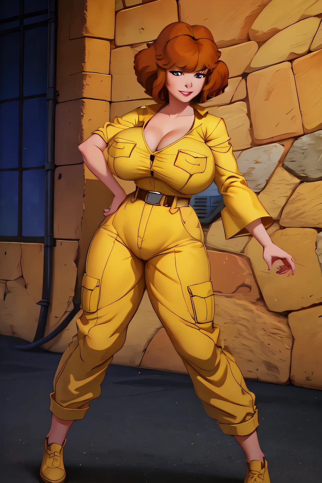 Cowboy shot, April O'Neill, 1980s \(style of\), 1girl, Very muscular girl, brown hair, orange hair, retro artstyle, Short hair, Yellow jumpsuit, Hip jumper suit, big_, big biceps, wide hips, cleavage