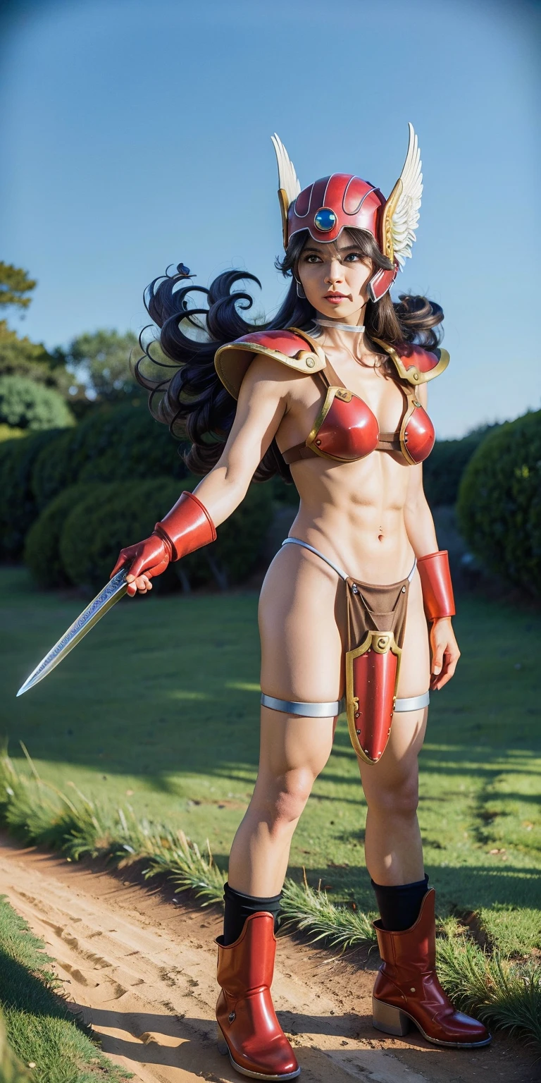 Sheeva,((4arm):1.2), extra arms, yellow eyes, black hair, ponytail, small horns, red one-piece swimsuit, belt, bracers, earrings, cleavage, looking at viewer, smiling, standing, full body shot, outside, park, field, mountain, blue sky, winter, high quality, masterpiece, <lora:Sheevamk9110:.8><lora:multiarm-4_16x8-4x1:.8>