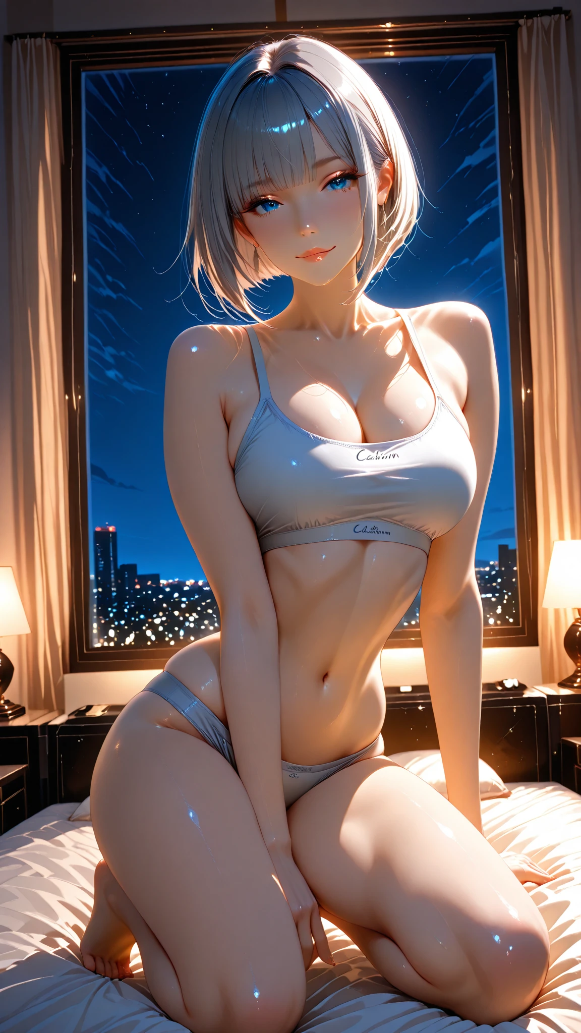 masutepiece、Best Quality、Illustration、 ultra-detailliert、hight resolution、8K Wallpapers、Perfect dynamic composition,、Beautiful detailed eyes、(White Micro Bikini:1.3)、(Raw feet:1.3)、Medium Hair、Ash gray hair、(Beautiful Large Breasts:1.3)、Natural Color Lip、Bold sexy poses、Smile、embarassed face、blushing、Harajuku、20 years girl、Cute、Beautiful sister、Sexy shot looking at camera、60th floor of a tower apartment、Luxurious living room、You can see the night view from the window、nighttime scene、is standing、Naughty atmosphere、Erotic Poses、Evocative Pose、suggestive pose、Looming