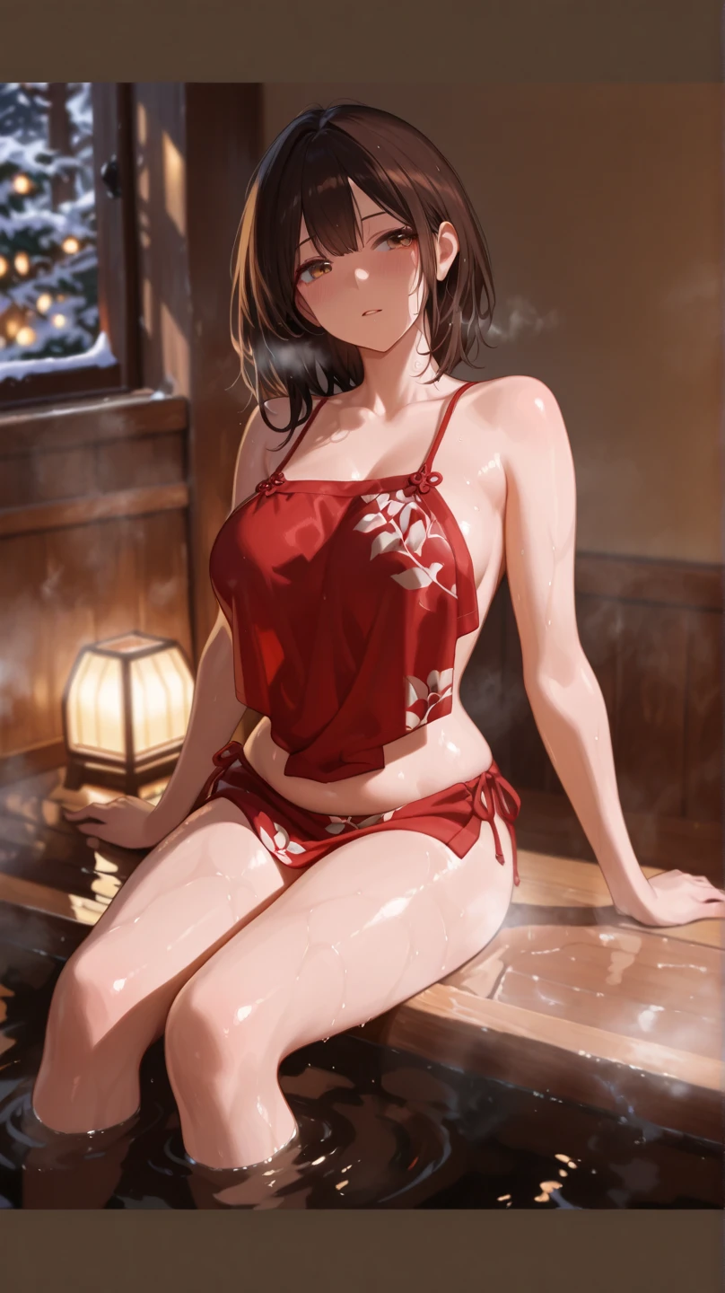 ((Masterpiece)), ((Best quality)), (perfect face), Young, nubile girl, obedient expression, hands behind back, wearing off shoulder 1 piece swimsuit, wearing open cup breast swimsuit, wearing open back 1 piece swimsuit, wearing ruffle 1 piece swimsuit,  wearing red and white swimsuit, wearing collar and leash, leashed to a chair, kneeling at a man's feet, in a kitchen