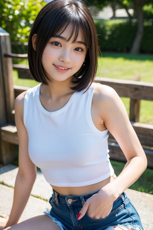 (8K),(masterpiece),(Japanese),(8-year-old girl),((Innocent look)),((Childish)),(Large Breasts),From the front and above,smile,cute,Innocent,Kind eyes,Plain T-shirt,Short sleeve,Blue checked short skirt,semi-long,Hair blowing in the wind,Black Hair,Somewhat strong wind,noon,bright