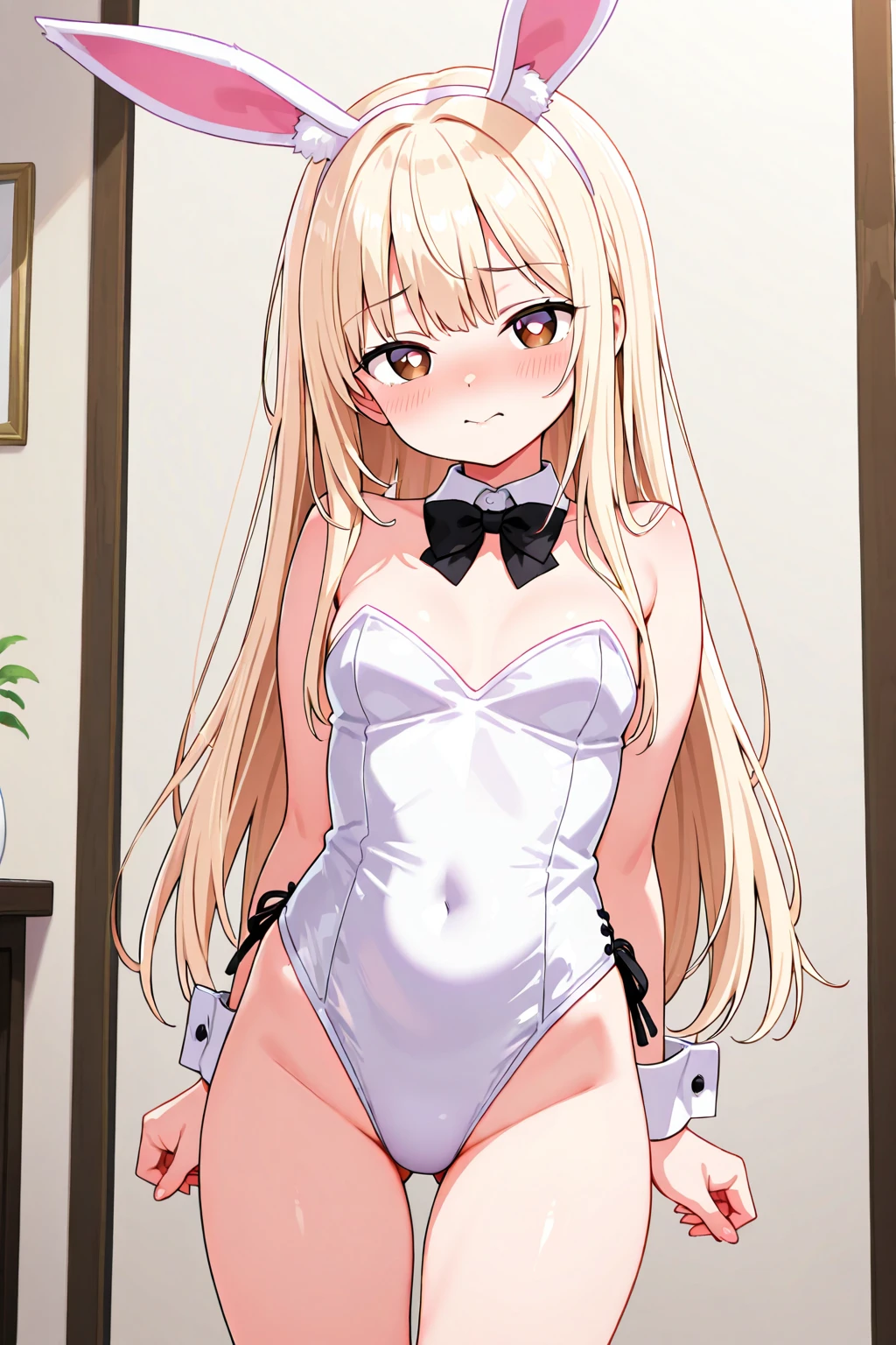 ((masterpiece)), (best quality), (high resolution), (ultra-detailed), kei karuizawa long hair bangs blunt bangs (purple eyes:1.1) blonde hair shirt hair ornament ponytail scrunchie (blue scrunchie), (white lace bra), (white lace panties:1.1), clothed, 1girl, happy, small breasts, (panty shot), 16years old, gym, leaning forward, wet