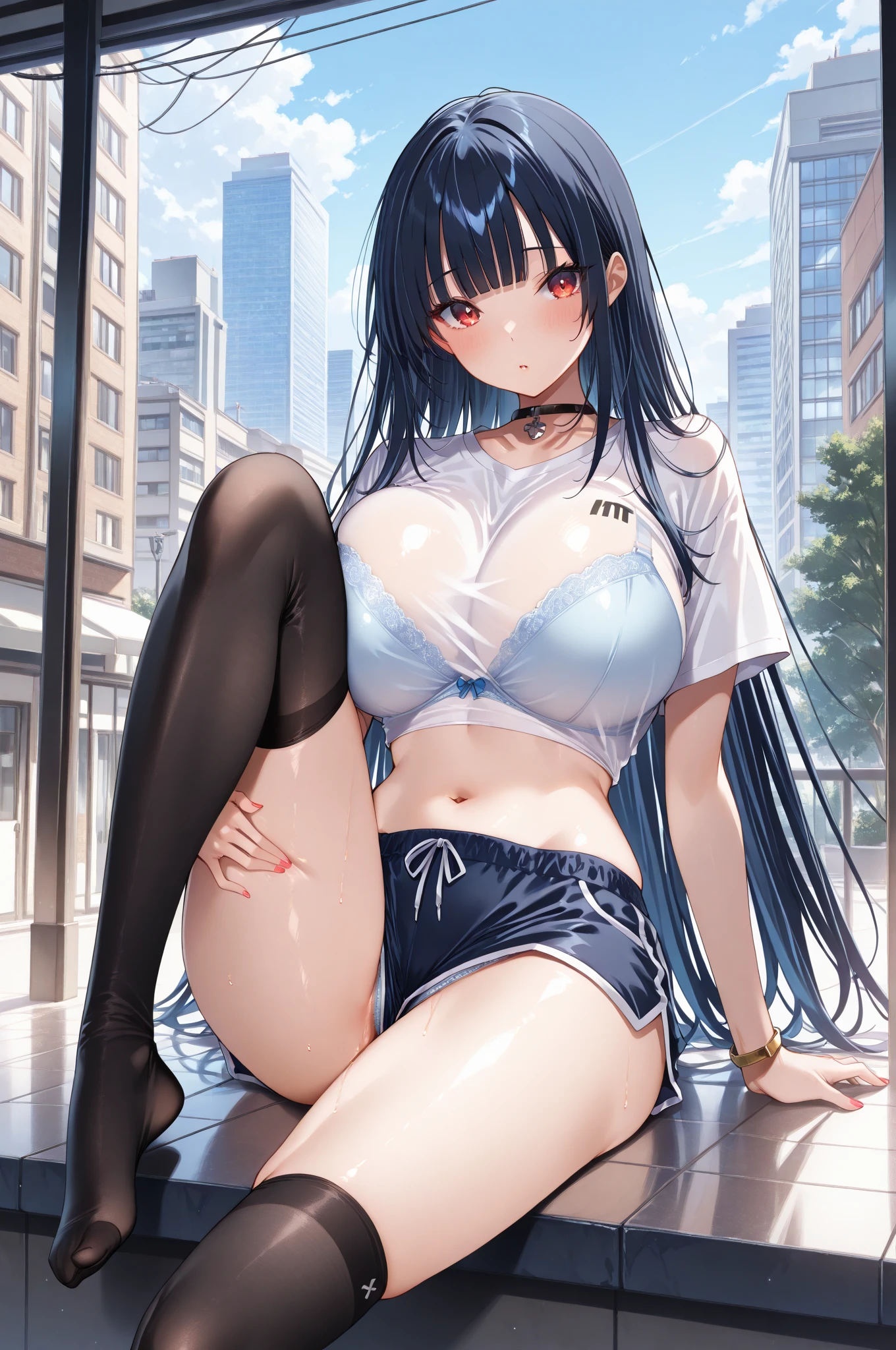 Anime Kawaii sexy Perfect Slim sensual body large breast and huge thighs, An intricate and highly detailed illustration of anime (Young girl) One with black hair, blue eyed high school girl in track uniform resembling a white sports bra and black panties, wide-eyed in surprise and screaming in the warehouse, hypdertailed, blushful