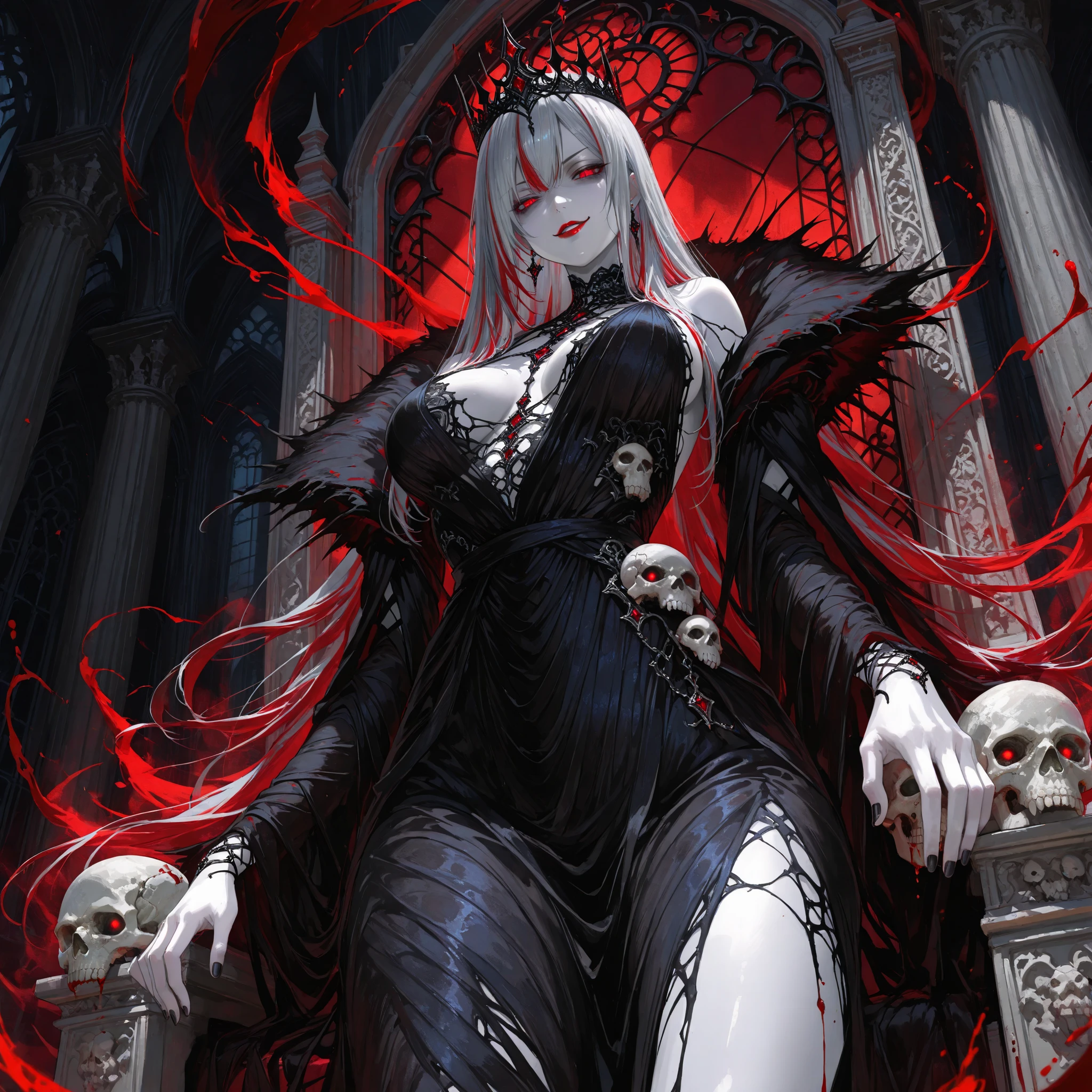 (best quality,highres),dark and mysterious,gothic art style,red and black color palette,dramatic lighting,an eerie garden setting,glimmering moonlight,delicate lace details,detailed engravings on the earrings and piercing,roses and thorns intertwined,female, pale skin, vibrant red lipstick, (white hair, long flowing hair, straight hair), red eyes, vampire, sharp fangs,playful expression,tattoos on her arms and neck,spider web motifs in the background