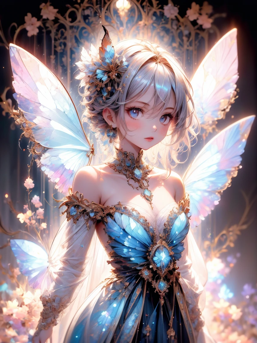 diaphanous wings flutter as she alights upon a crystalline flower, piercing amethyst eyes sparkling with mischief as she considers how to help convince her favorite playmate to let people love who they love. Gossamer gown Full body, pointy eared Fairy with long Bipectinate or clubbed antenna, long fluttering diaphanous glittering Multi-veined, prismatic membranous wings with iridescent properties, Celtic illumination makeup, gossamer gown, With a graceful sweep of her hand, she conjures a shower of stardust that coalesces into a shimmering portal, its luminous edges pulsing with cosmic energy.