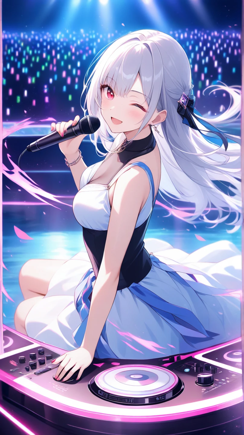 masterpiece、Soft Focus , Bright gradient watercolor、Tabletop, High resolution, 8k, Anime Women, Delicate and detailed writing 、Detailed digital illustration、high resolution, high quality、Detailed Background、Close-up photo、(((Two arms、Four fingers, One thumb)))、Detailed female face、Accurate Fingerasterpiece:1.2)、highest quality、High resolution、unity 8k wallpaper、(figure:0.8)、Highly detailed face、Perfect lighting、Highly detailed CG、(Perfect hands、Perfect )、
One Girl、Looking at the audience、
Beautiful pink eyes、Black and white hair bun、Plump and glossy lips、Heart-shaped choker、Idol、
pink IDOL costumes、Short skirt、Drape clothes、gem、The decoration has been removed、Floral、Lace trim、On a glittering stage、Showing affection to the audience、Uplifting、Sweat gushing forth、Singing on a microphone