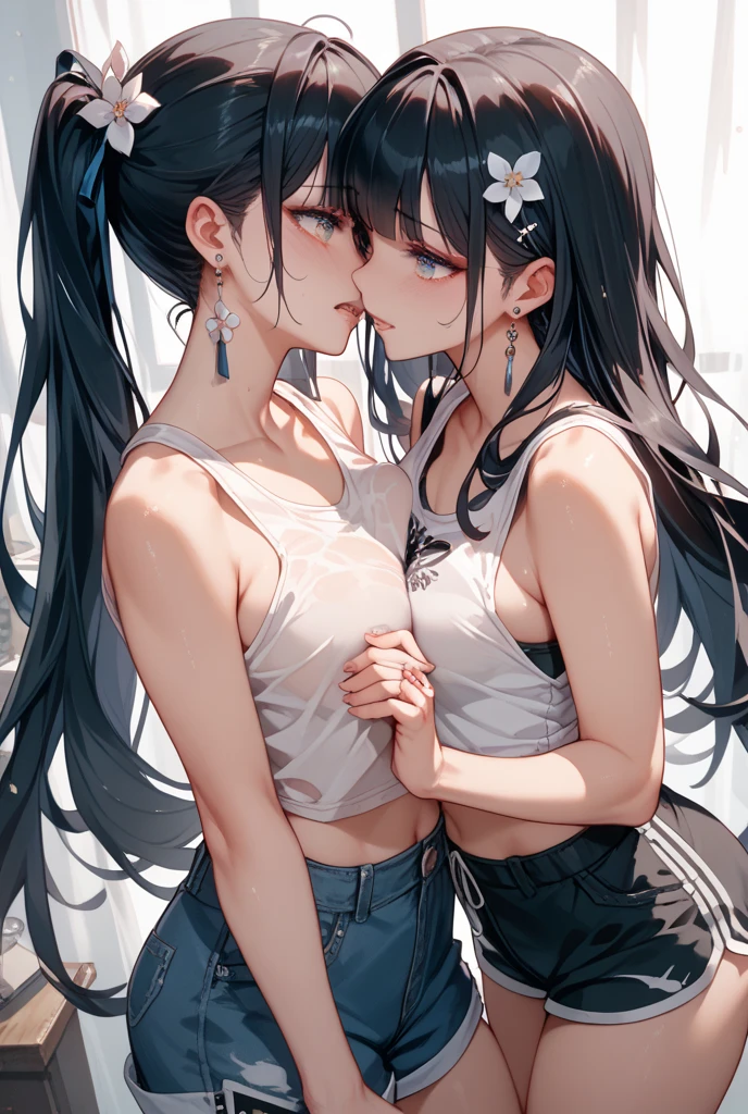 masterpiece, black hair, long hair, catwalk, hotpants, collar, tattoo, nsfw