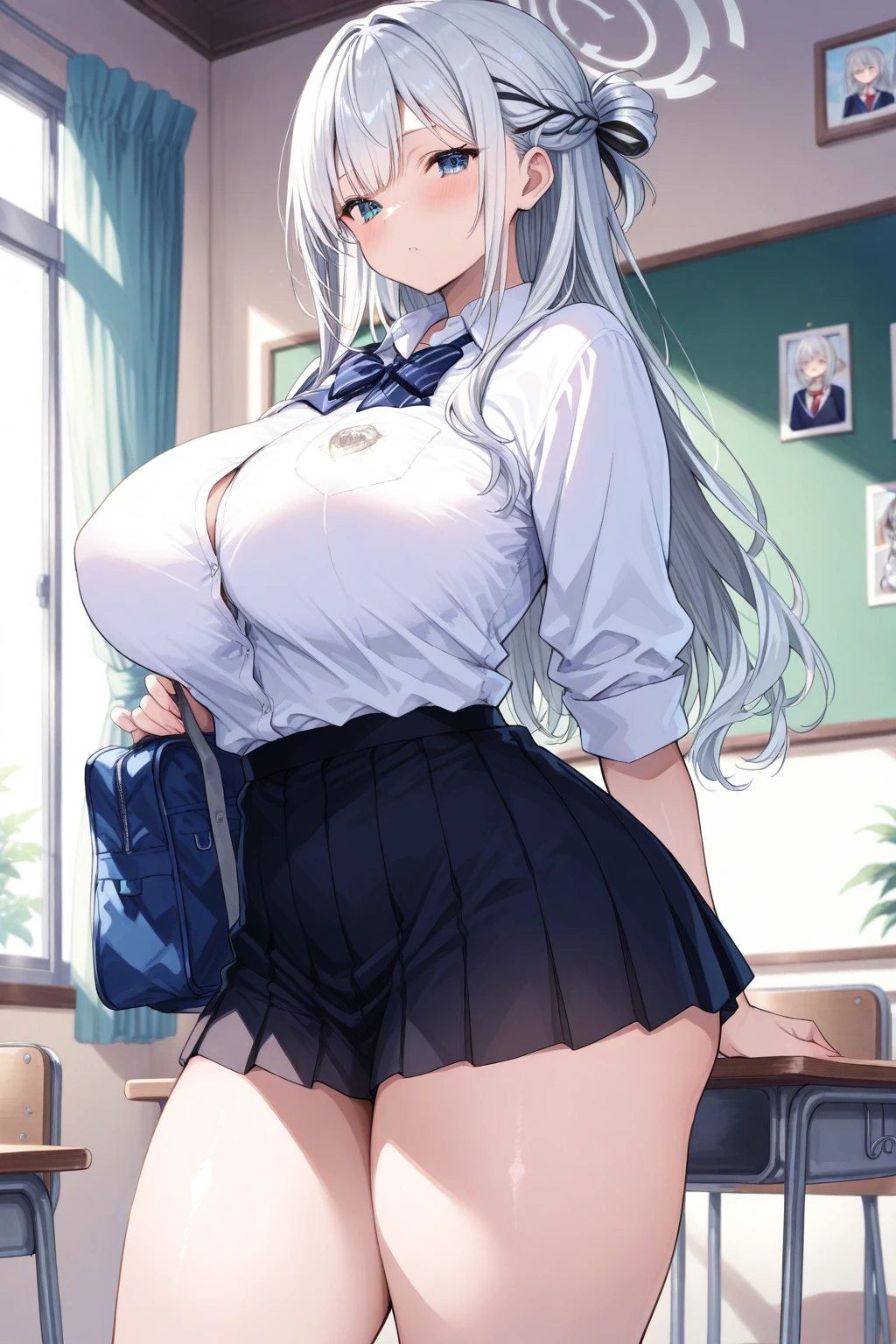 <lora:Mikoshiba_Shuri_lorav5:0.66>,
best quality, (8k), (4k),(Masterpiece), (Best Quality), extremely detailed, game cg, intricate, hyper detailed, illustration, Beautiful body,Beautiful Nose,Beautiful character design, perfect eyes, perfect face,
(1girl:1.2), (portrait:1.3), indoors, (teacher), milf, (mature female:1.3), classroom, chalkboard, table, school desk,
(black legwear thigh highs), curvy, (black garter straps), high-waist skirt, (pencil skirt), thighhighs, (white shirt), suit,
standing, closed mouth, big breasts, looking at viewer, very long hair, high ponytail, smile, white hair, blue eyes,