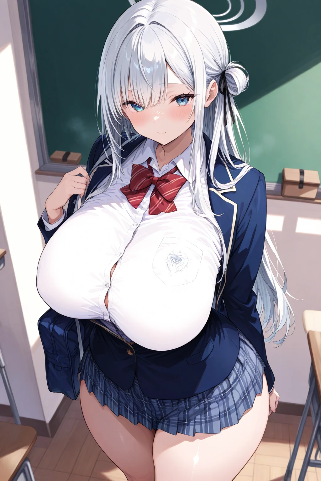 masterpiece, best quality, ultra highres, solo, (skinny body, thin body, narrow hip:1.3), narrow waist, skinny thighs, red eyes, sparkling pupils!, white hair, braid, hairclip, (gigantic sagging breasts, gigantic breasts:1.3), sagging breasts!, (school uniform, dress shirt, pleated skirt:1.7), short sleeve shirt, blue shirt, bow, classroom, cowboy shot, standing, (from above:0.7), bashful, surprised!,