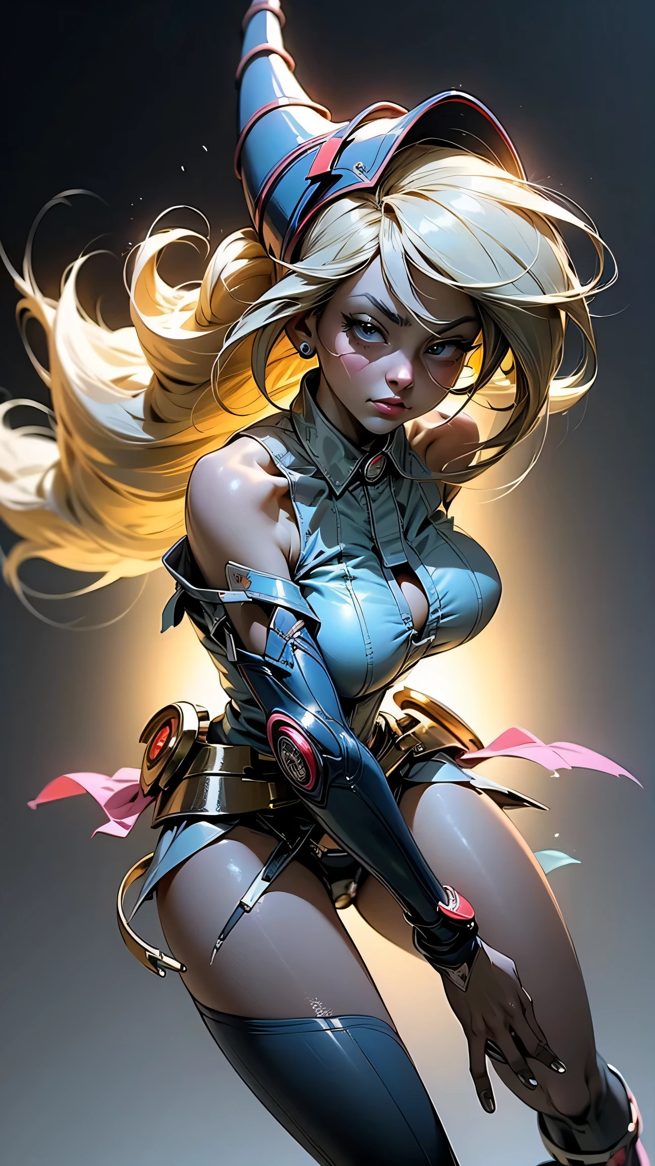 (Obra maestra:1.2), (La mejor calidad:1.2), perfect lighting, Chica Maga Oscura lanzando un hechizo, flotando en el aire, tetas grandes, escote, fondo de magia. Corazones transparente en el hambiente, bata azul, sombrero grande, desde arriba, Destellos, Yugioh Card en el fondo. En tacones y en bikini 