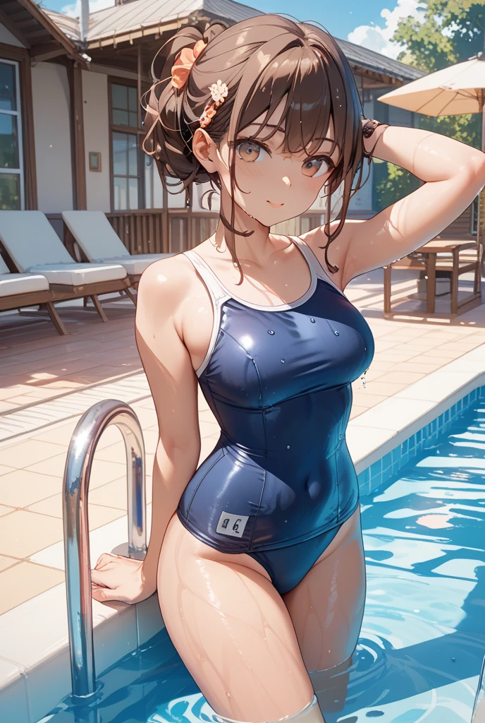 pieces fly、masterpiece、highest quality、Super detailed、High resolution、High resolution、8K portrait、High resolution CG of Unity 8k wallpaper、unity 8k wallpaper、cute:1.5、:1.5、Highly detailed CG unity 8k wallpaper、realistic、real person、cute、 portrait photography、shiny skin、High resolution、Brown-haired semi-long hair、(16 years old:1.2)、(1 girl)、(school poolside:1.6)、(navy blue school swimsuit:1.4),perfect face, seriously, (blush:1.5),(gran:1.2),((half nude:1.5)),(midium breasts:0.8),(hands behind hip:1.5),((Orgasm in the vagina:1.5))