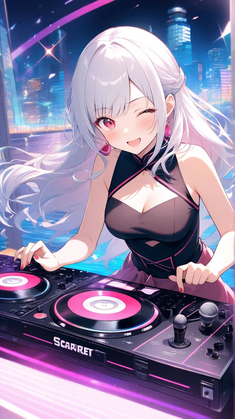 highest quality、Highest image quality、masterpiece、teenage girl((18-year-old、 Agar、vest bust、medium bust,wide open breast tea、purple eyes, purple hair、long hair、slender,highest valley、cute makeup、black nail polish、white short skirt、Looks like fun、have a guitar、black spats、fluttering hair、red belly button tank top、chain accessories、DJ、headphones)),high quality、beautiful art、background((night live house、red laser light、blue laser light、random laser points、Virtual space、golden laser beam、purple laser light、DJ、live stage)),muste piece、Depth of written boundary、movie、visual art、perfect art、