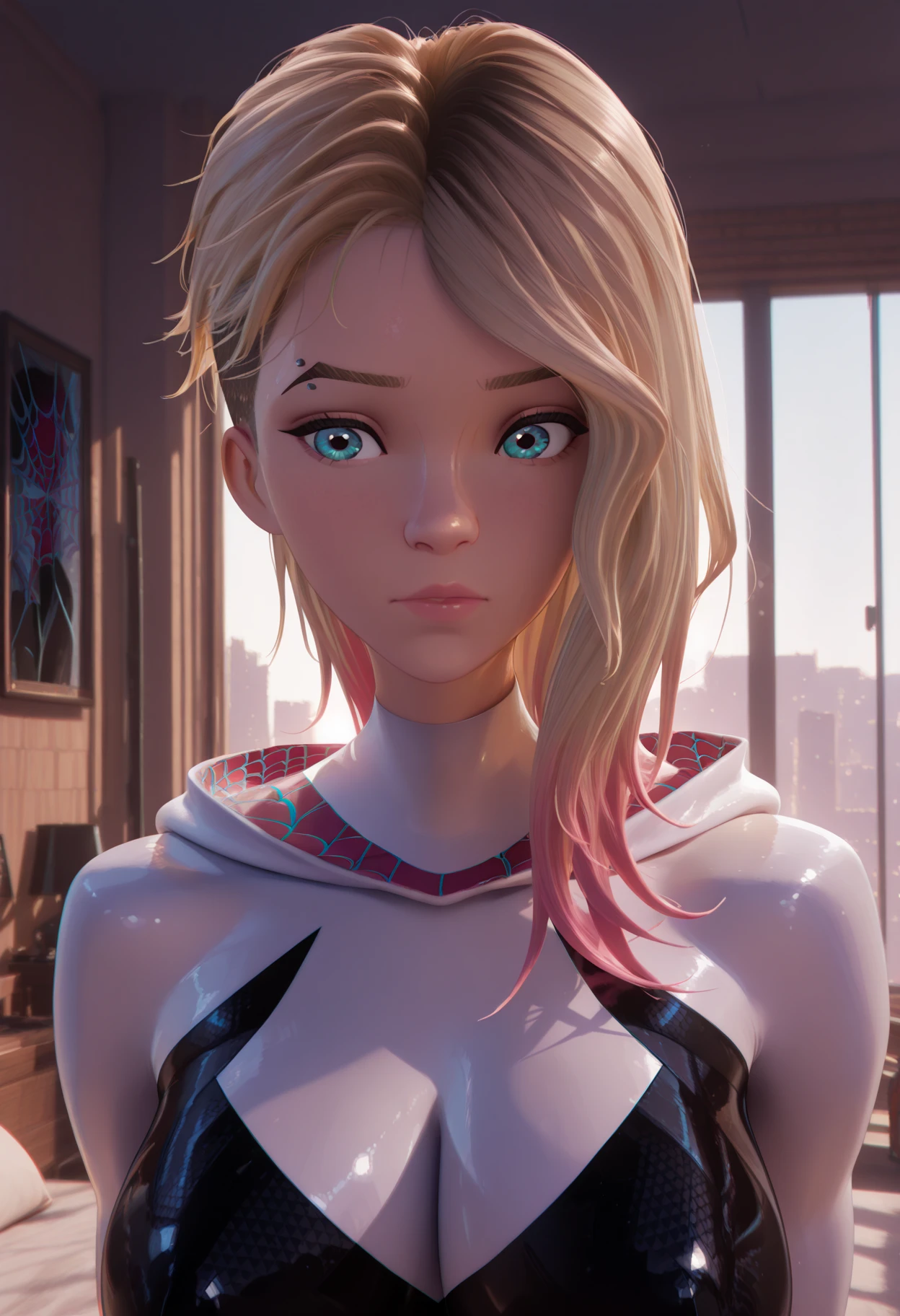 Realistic, realismo, fotorrealismoo, photo-realistic, alto contraste, (fotorrealista:1.4), (figura feminina perfeita), 8k high definition detailed realistic, (best quality, master part:1.2),  photon maping, radiosidade, Physically-based rendering, best quality, altamente detalhado, 1girl, ao ar livre, Capuz, cumming, orgasm, small messy hair)))), ((blushing)) 1girl, Sgwen. Solo, full body photo, standing, looking at viewer, great hair, blue eyes, blonde hair, parted lips, teeth, medium breast, bedroom, realistic, eyebrow piercing, all fours, standing sexy pose, sexy hips, ((erotic)), (goddess), planturous body, spider gwen suit