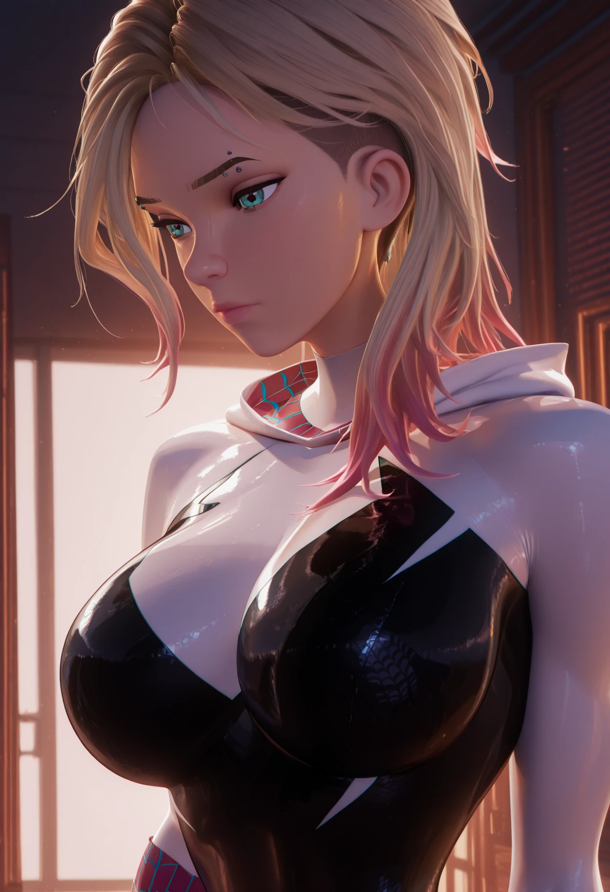 (ultra realistic,32k, masterpiece:1.2),(high detailed skin:1.1),( 8k uhd, dslr, high quality:1.1),
Gwen, undercut, blonde, multicolored hair, bodysuit, web-print, hood down, , (huge breast:1.1),
(looking at viewer, Bend forward:1.1),
,(glow in the dark:1.1),A musical concert environment
