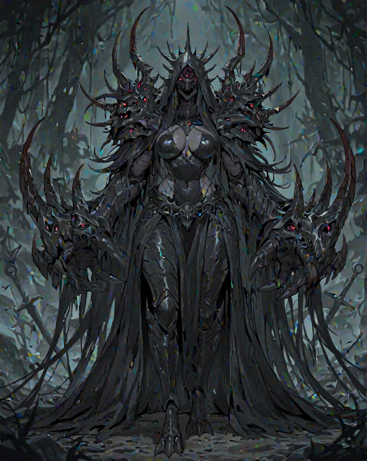 ((masterpiece), best quality, high quality, professional quality, highly detailed, highres, perfect lighting, natural lighting), giant spider, weaving web, between two trees, at night, moonlight, terrifying, horror theme