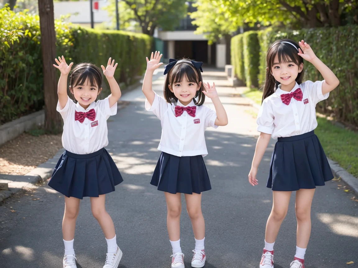 Three elementary school girls wearing hot shorts in the classroom Three elementary school girls wearing shorts Cute elementary school girls Girls Girls hot shorts Shorts Cute Children's hot shorts over casual clothes standing in the classroom Cute 8k High quality Best quality Best quality