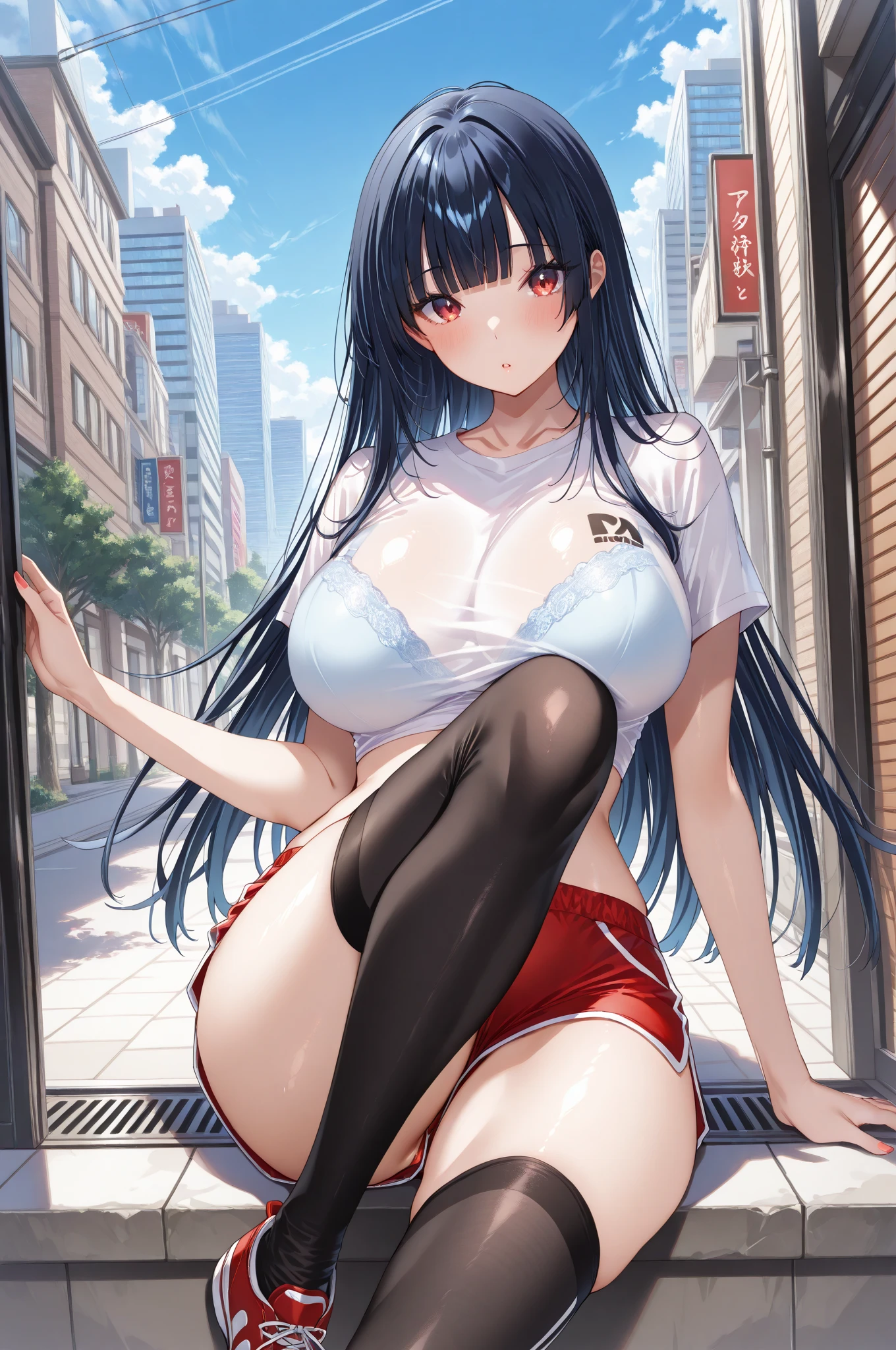 bangs, sidelocks, black hair, long hair, black hairband, perfect shiny hair, blue eyes, ultra-detailed eyes, iridescent shiny eyes,, , , large breasts, nipple, Walking, , School building　,, Naked,  smile , (1girl)　Blank look, Black shoes, Black socks, empty eyes, Blank look, solo