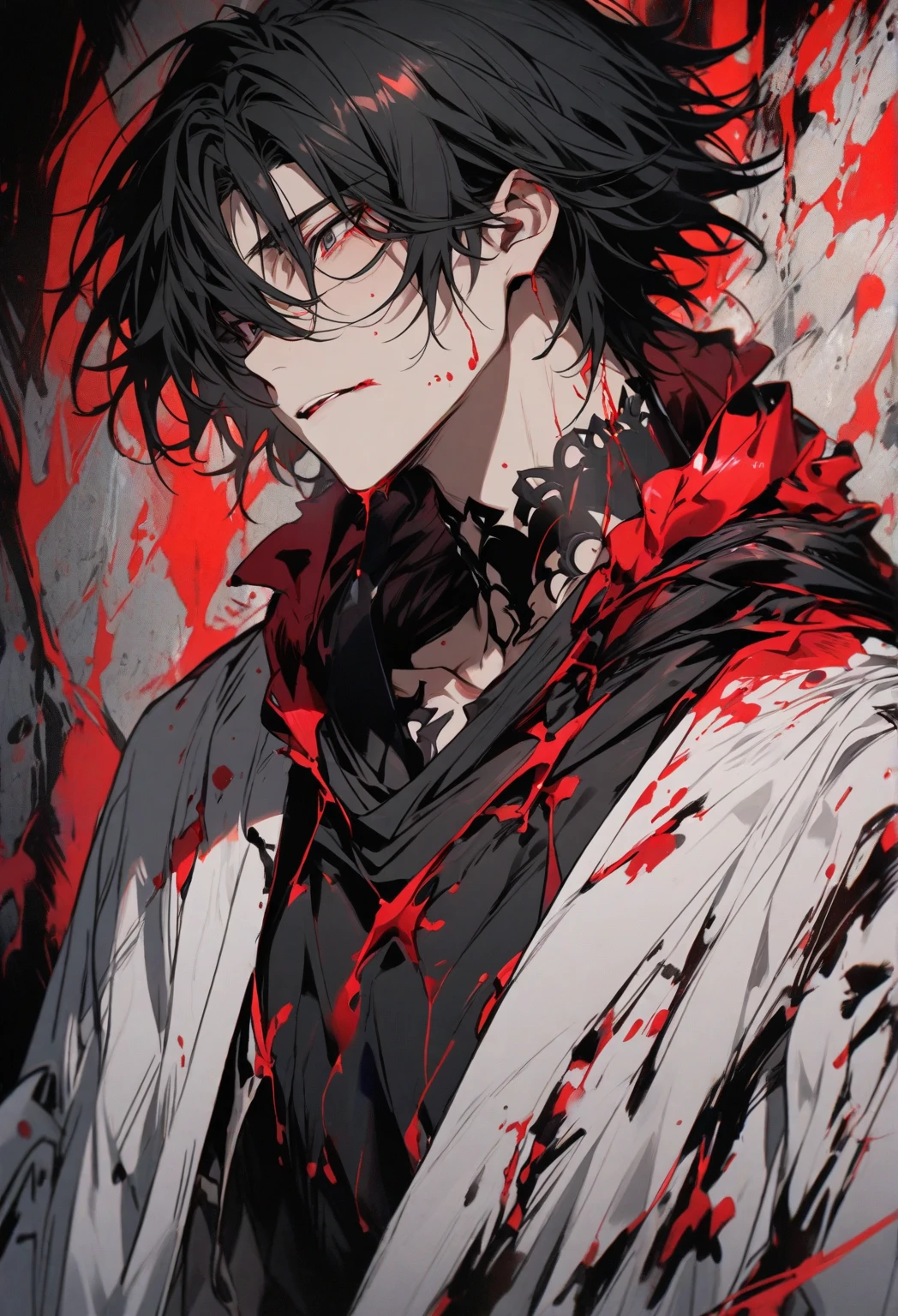 One, beautiful, 1 man, with a sporty body, V-shaped body, black-bard suit with bloody elements, red veins on the arm, bloody details, model hair, short hair, black hair, blood red eyes, neon eyes, red threads, black light