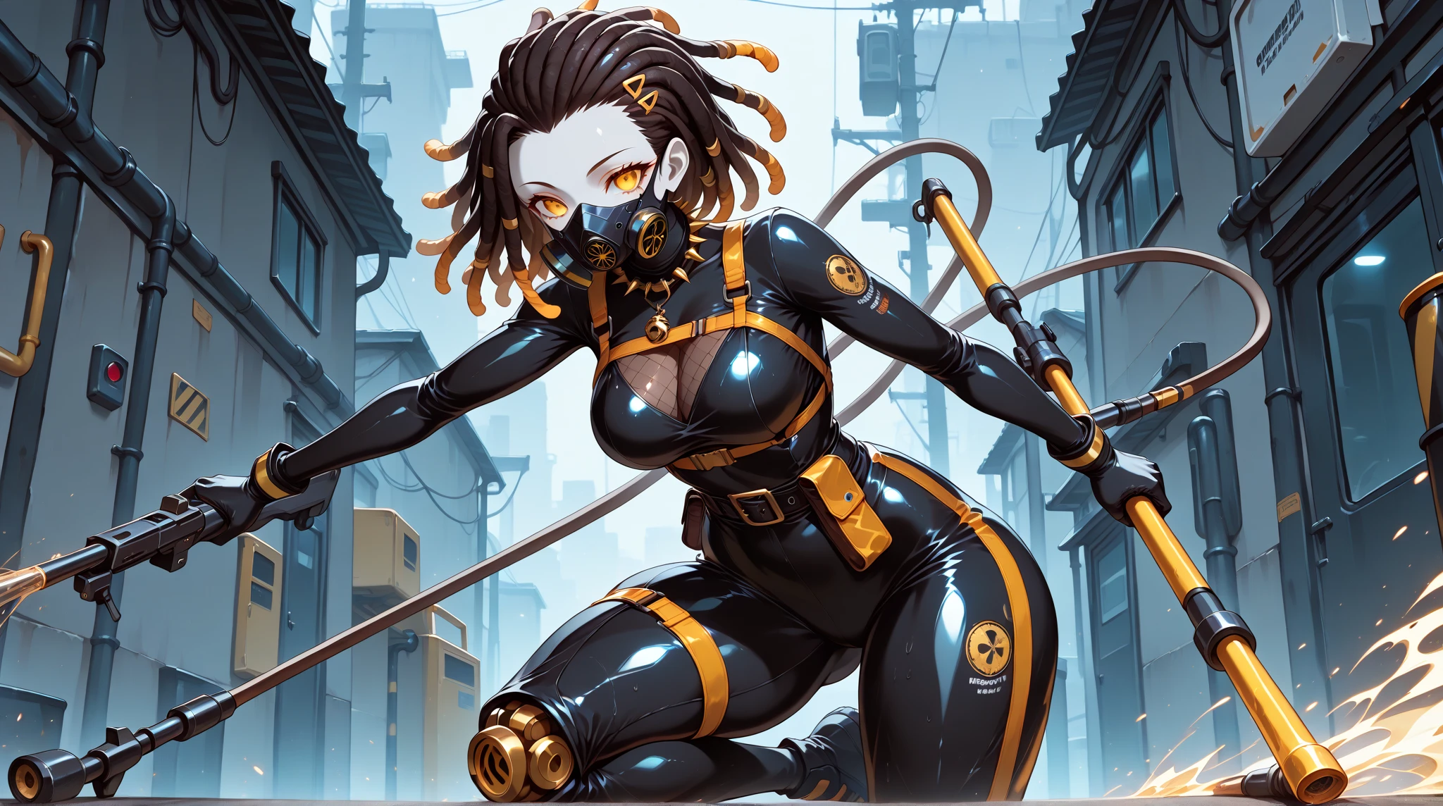 ultra-detailed, Explicit, Beautiful body, Beautiful Nose, Beautiful character design, perfect eyes, perfect face, ultra highres, 4K, beautiful legs, perfect legs, Nice hands, Perfect hand, Masterpiece, Best Quality, Highly detailed, illustration, absurdres, perfect anatomy, street fighter, doll suit, shadaloo doll, dollsuit, expressionless, blank eyes, looking at viewer, red gloves, emotionless, black latex, corrution, mind control, female combatant, full body, hypnotized, unhappy trance, full body suit, ribbed bodysuit, both arms at side, obey, perfect female body, extremely glossy latex, hypnosis, hypnoLora, empty eyes, Mind control device, poses, submissive_pose, Slave, lying down straight,  lying down, lying down at attention, hat, necktie, belt, latex, ribbed bodysuit, thighhighs, garter belt, Fighting Stance, extending the right arm from the shoulder into the air with a straightened hand, military, thigh boots, black pantyhose, (((pixel-perfect, detail-perfect))), solo, 1girl, hair ornaments, long hair, black hair, hair ribbon, yellow eyes, Scarecrow, Girls' Frontline, medium breast, twin tails, (((gas mask))), ScarecrowGasmask, sangvis ferri