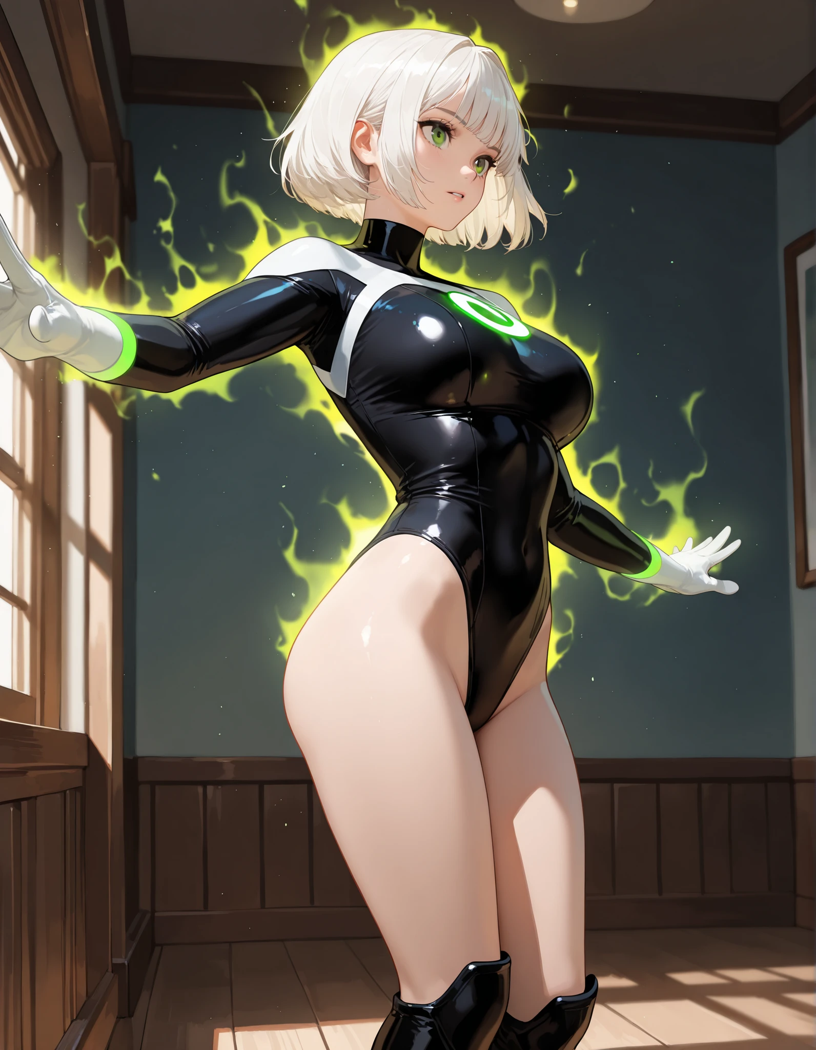 ((Konpaku Youmu)), short hair, white hair, bangs, thick thighs, leotard, masterpiece, best quality, absurd res, full body, large breasts, blue eyes, black bowtie, Black hairband, sexy, perfect face, juicy legs, [fairly short], indoors, character focus, girl focus,