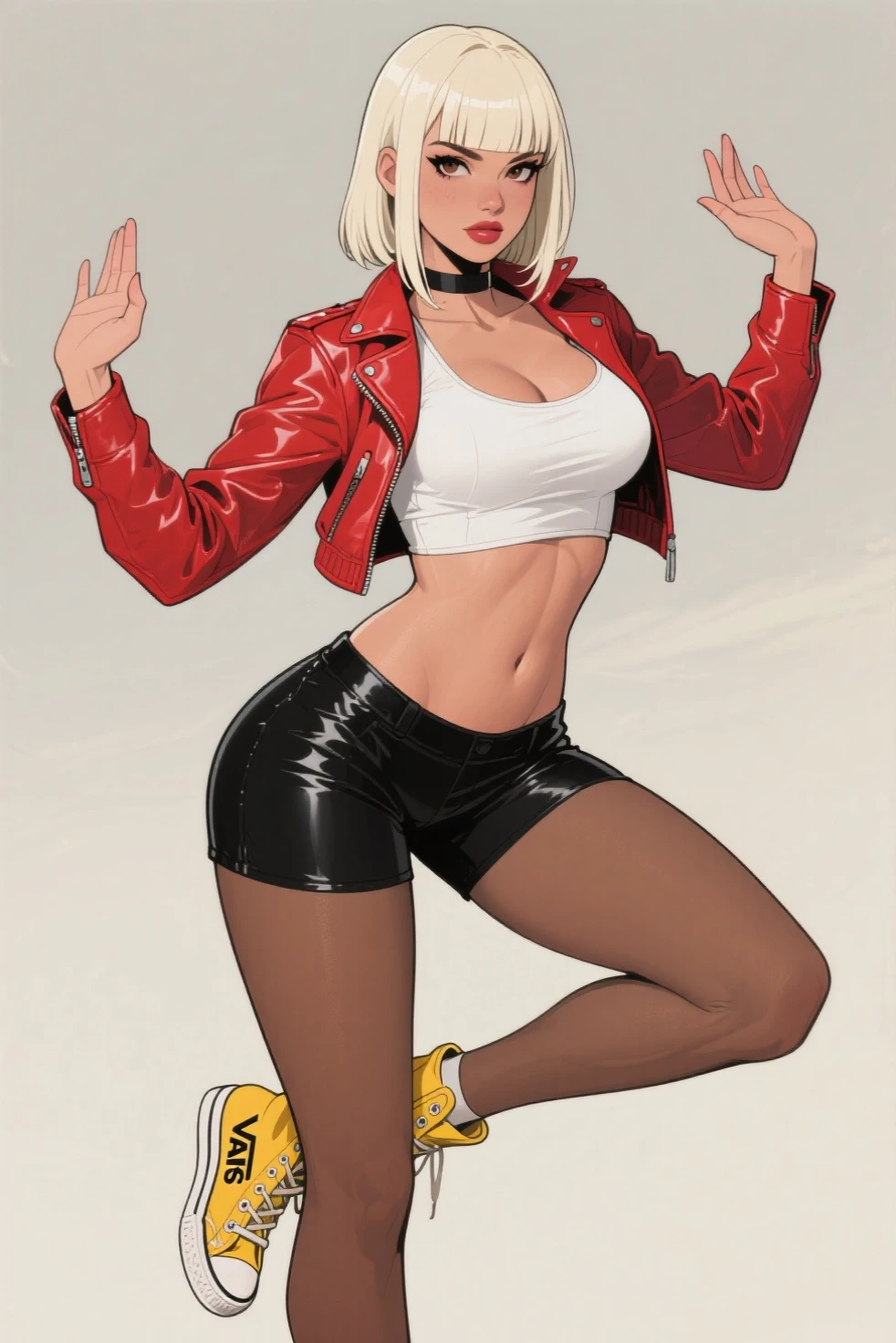 (RAW photo, best quality, mastery:1.2), (realistic, photo-realistic:1.4),(masterpiece:1.4),(best quality:1.4),1girl, solo, :d, Ear headphones, beast ear, Arms up，By bangs，Be red in the face，Tights，nedium breasts，rabbit pose，Clothes writing，Cover the navel，cowboy lens，Cropped jacket，fakeanimalears，mitts，exteriors，Morning，yuki，hair intakes，Earphone，Impossible tights，Impossible clothes，jaket，huge tit，latex，latex body suit，long whitr hair，longer sleeves，looking at viewert，huge tit，Multicolored gloves，with her mouth open，Pink tights，Pink eyes，red color eyes，red blous，shinning clothes，shrug\（The clothes ar\），sidelocks , tight-fitting, ssmile, Thigh crevices, upper legs, dual horsetail, Very long hair, whitegloves, White hair, alice\(nikke\),(shiny skin), realisticlying,nakeness