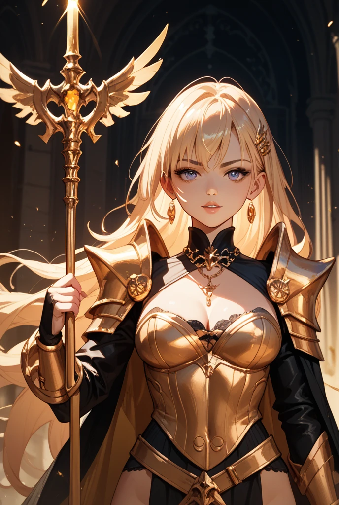 ((masterpiece)), (best quality), official art, extreme detailed, 
1girl, blonde hair, green eyes, long hair, wavy hair, sexy, (cleavage:1.3), (navel:1.3), 
edggolden, dressed in golden armor, wearing edggolden, (engraved:1.2), 
palace, indoors, stained glass, sunbeam, determined expression
