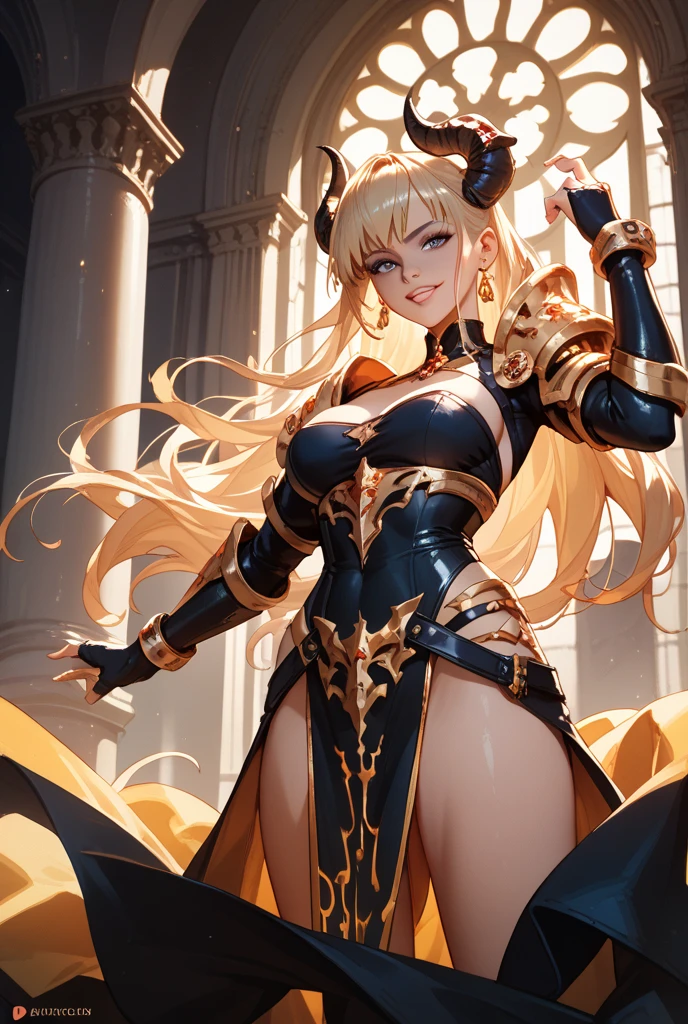 (best quality,4k,8k,highres,masterpiece:1.2),ultra-detailed,(realistic,photorealistic,photo-realistic:1.37), vibrant blonde-haired woman with mesmerizing blue eyes and a captivating smile, wearing a vibrant yellow t-shirt with bold black stripes, perfectly fitted chinos pants, and form-fitting clothes that accentuate her curves. Her long, flowing blonde hair cascades down her back, shimmering under the sunlight. 
She stands confidently, with an alluring yellow aura emanating from her, giving her an otherworldly charm. 
To add a touch of mystique, she adorns a pair of demon horns on her head, which are exquisitely detailed and beautifully crafted. The horns seamlessly blend with her hair, creating a striking and unique visual appeal. 
The scene is bathed in warm, golden lighting, highlighting her radiant beauty and enhancing the overall ambiance. 
The vibrant colors and fine details of the artwork create a visually stunning and realistic representation, making it a true masterpiece.