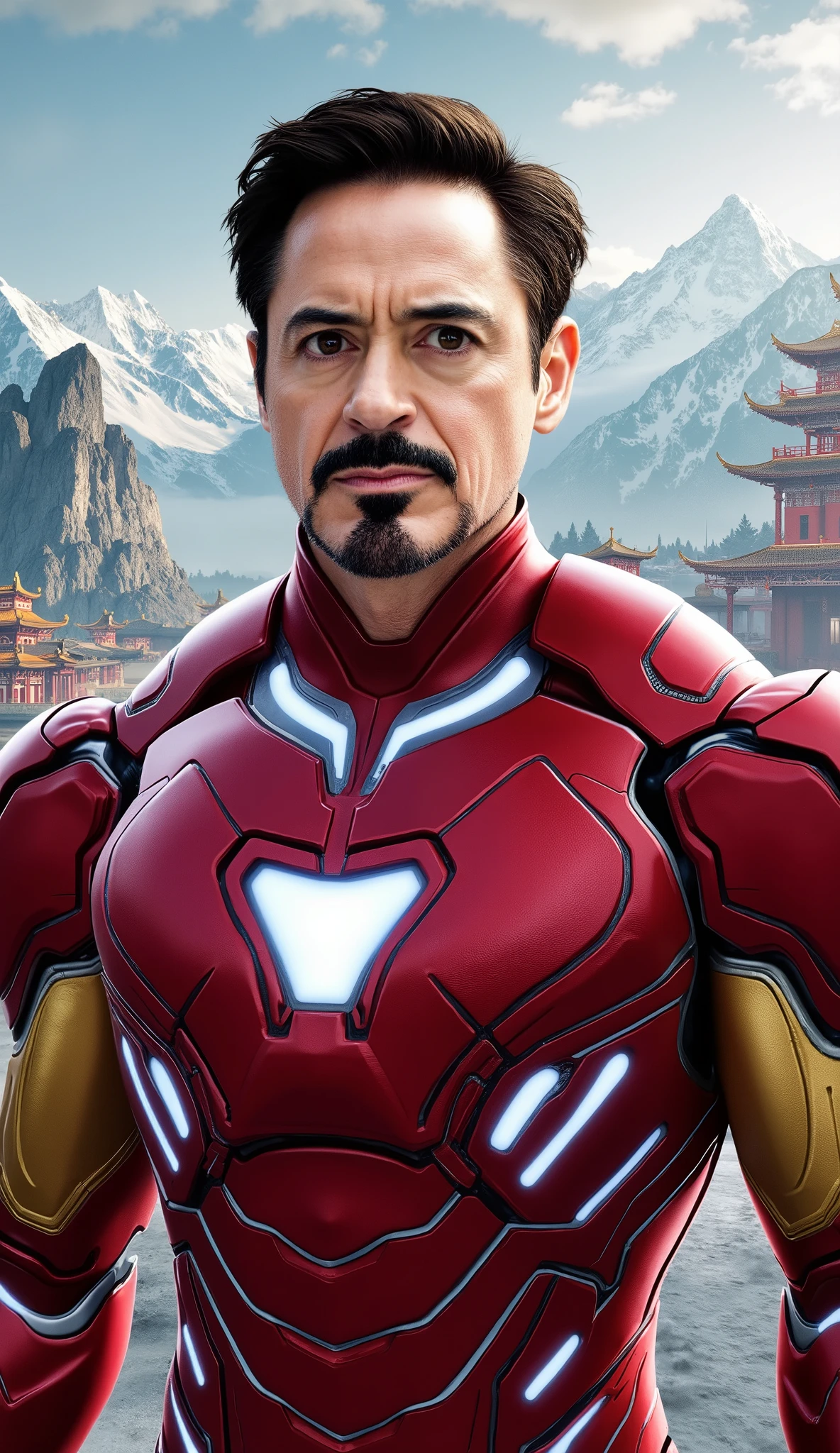 ROBERT DOWNEY JR in a red and gold suit on top of a mountain in the background of a high-quality Chinese city focusing on the face