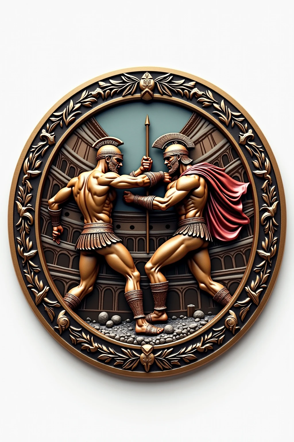 A round medal for a martial arts tournament where on one side it has three stars at the top and bottom, two laurel wreaths on the sides and in the center a yin yang with two fighters alluding to the white and black point of the yin yang.